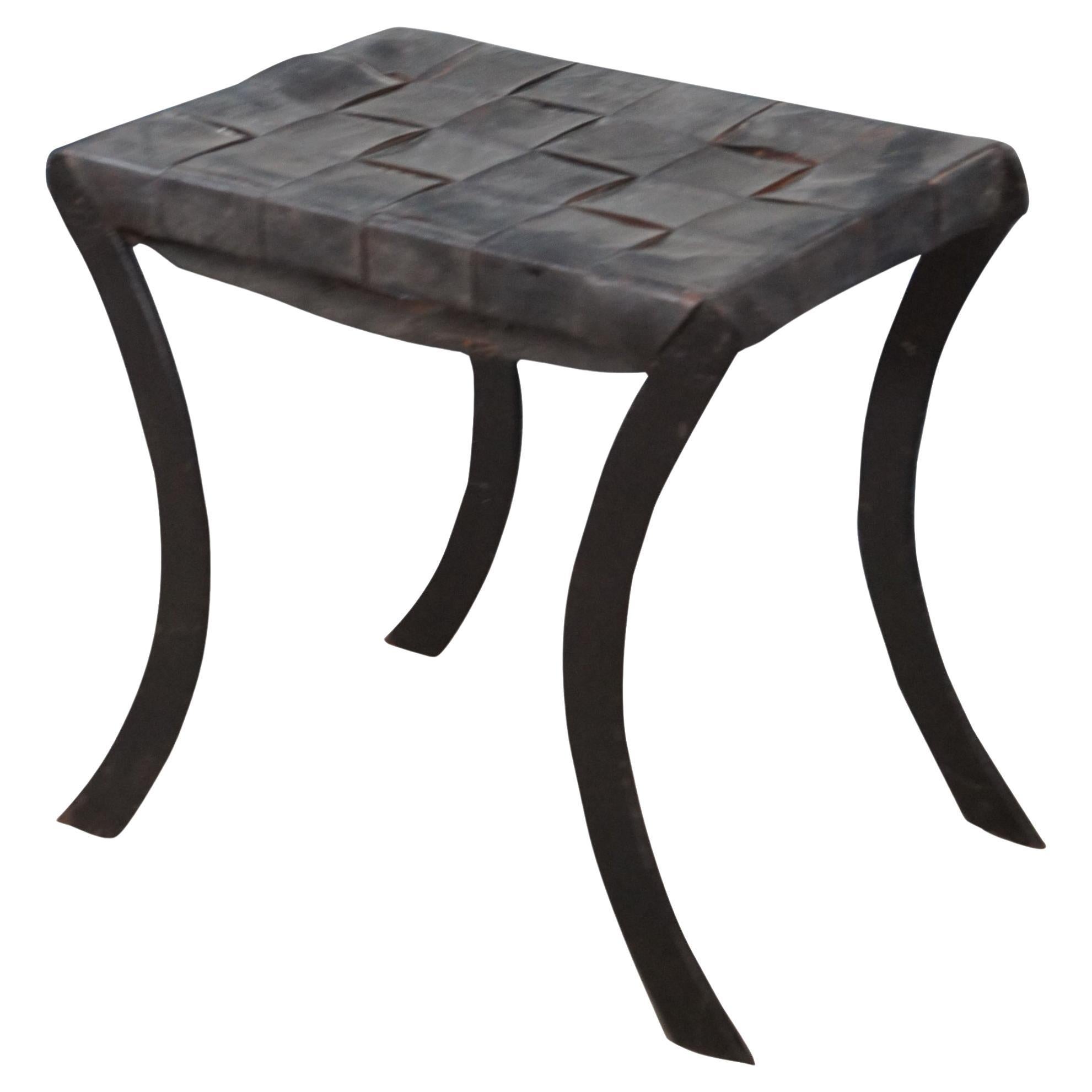 Vintage French Industrial Iron & Woven Leather Saber Leg Stool Bench Seat For Sale