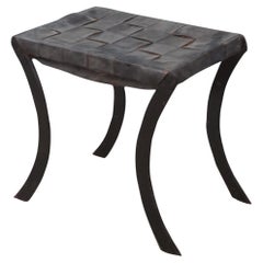 Vintage French Industrial Iron & Woven Leather Saber Leg Stool Bench Seat