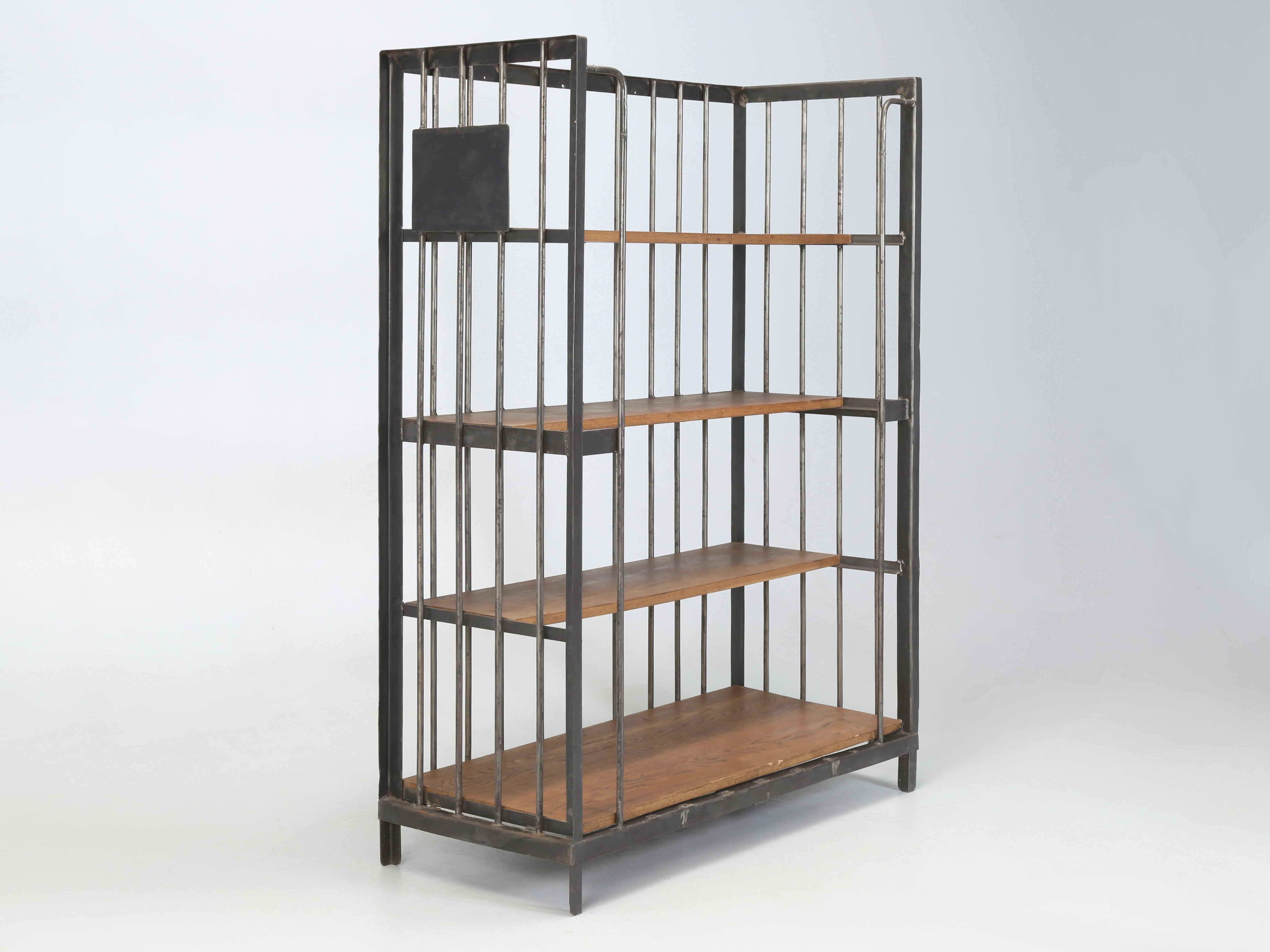 Hand-Crafted Vintage French Industrial Shelving in Steel with Oak Shelves. For Sale
