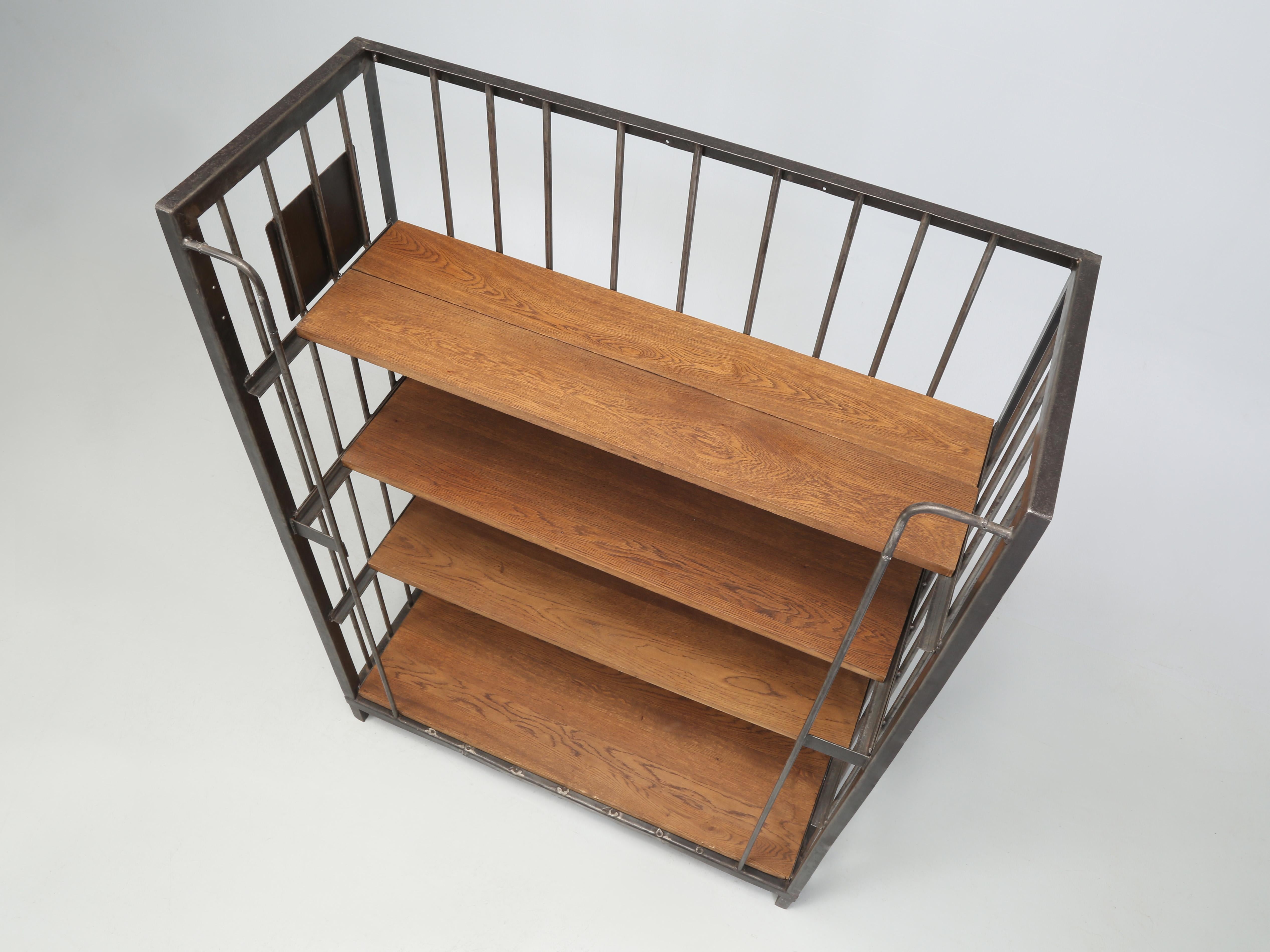 Mid-20th Century Vintage French Industrial Shelving in Steel with Oak Shelves. For Sale