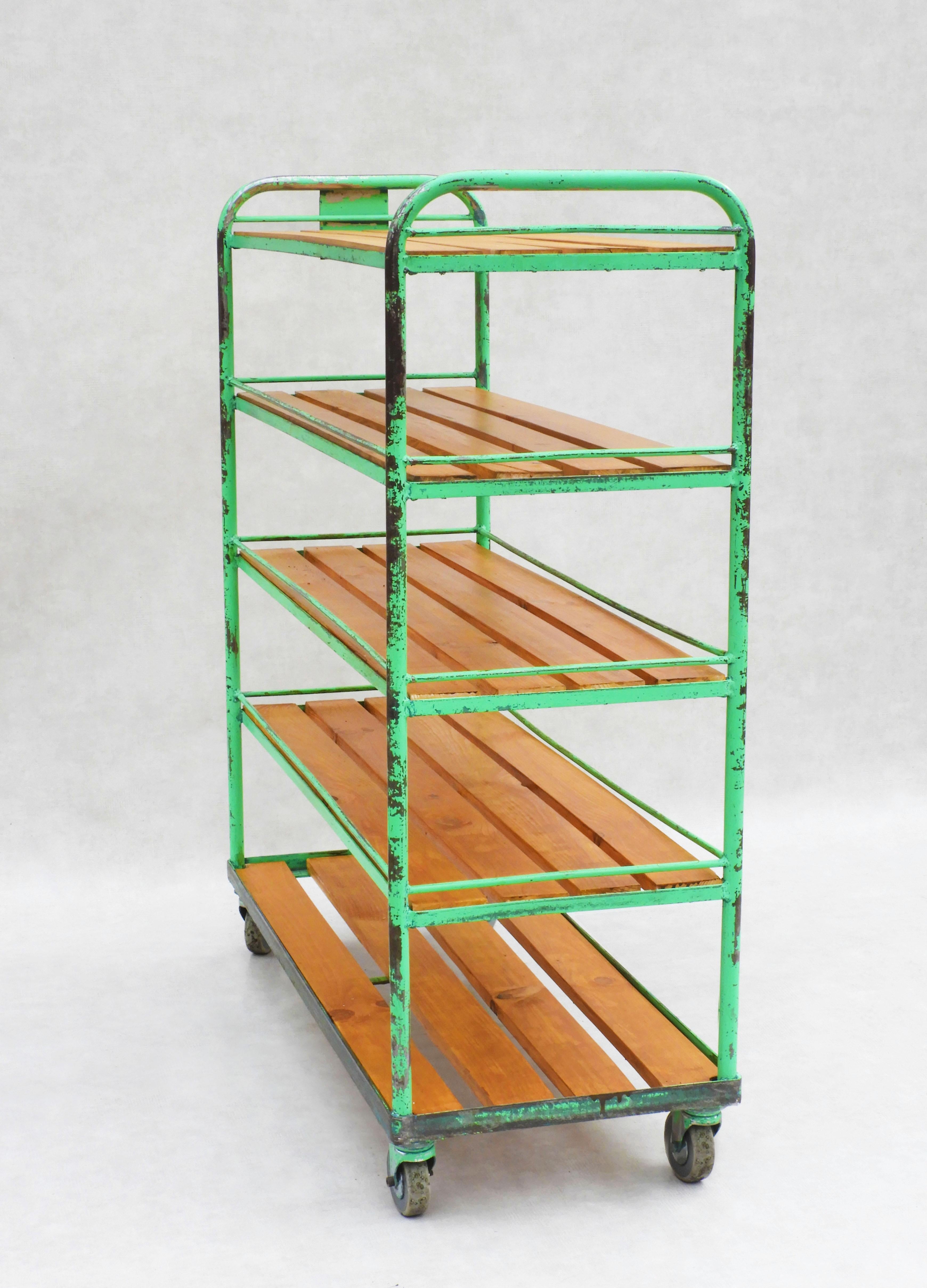 Painted Vintage French Industrial Shelving Rack Rolling Bookcase Cart Factory Trolley  For Sale