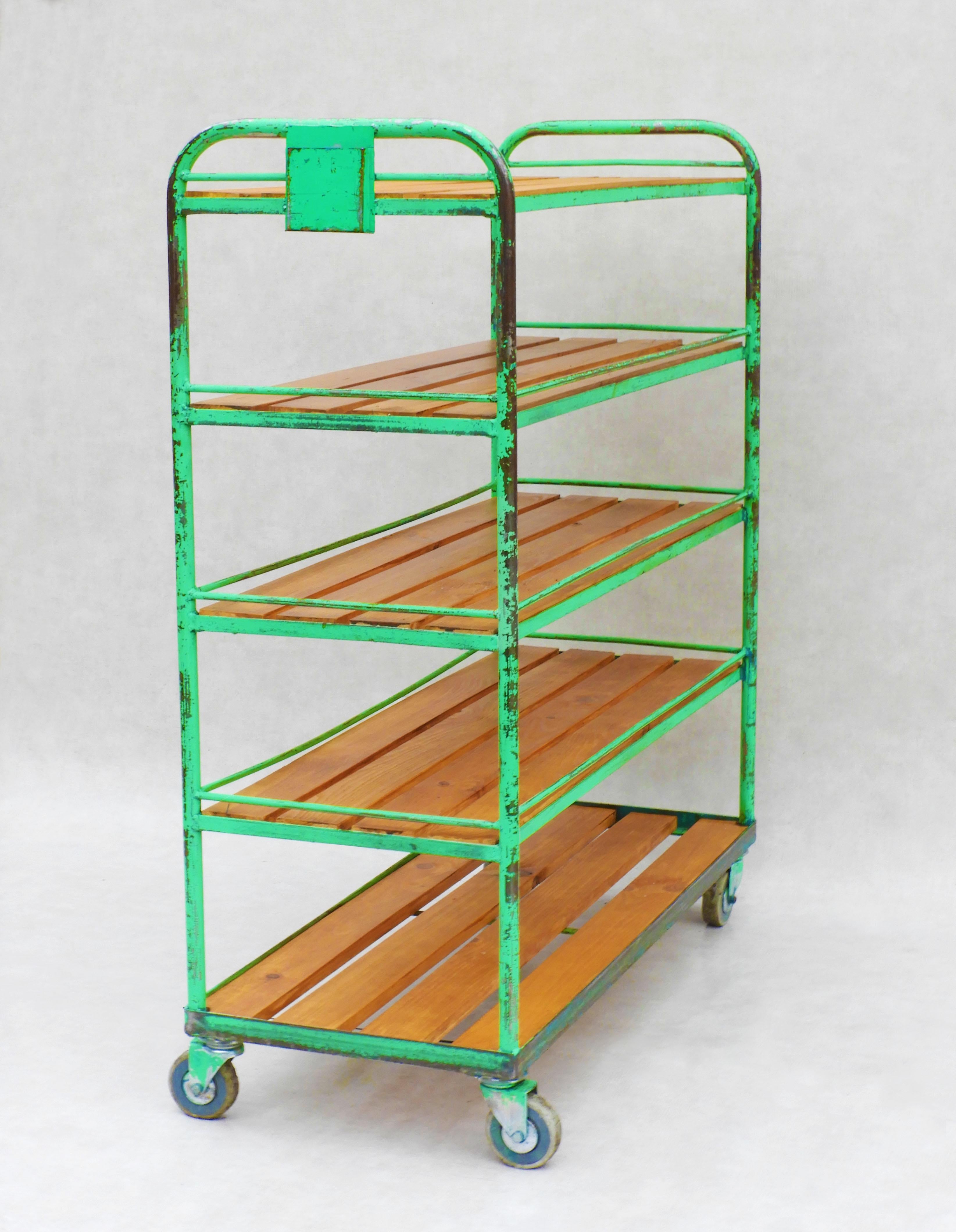 Vintage French Industrial Shelving Rack Rolling Bookcase Cart Factory Trolley  In Good Condition For Sale In Trensacq, FR