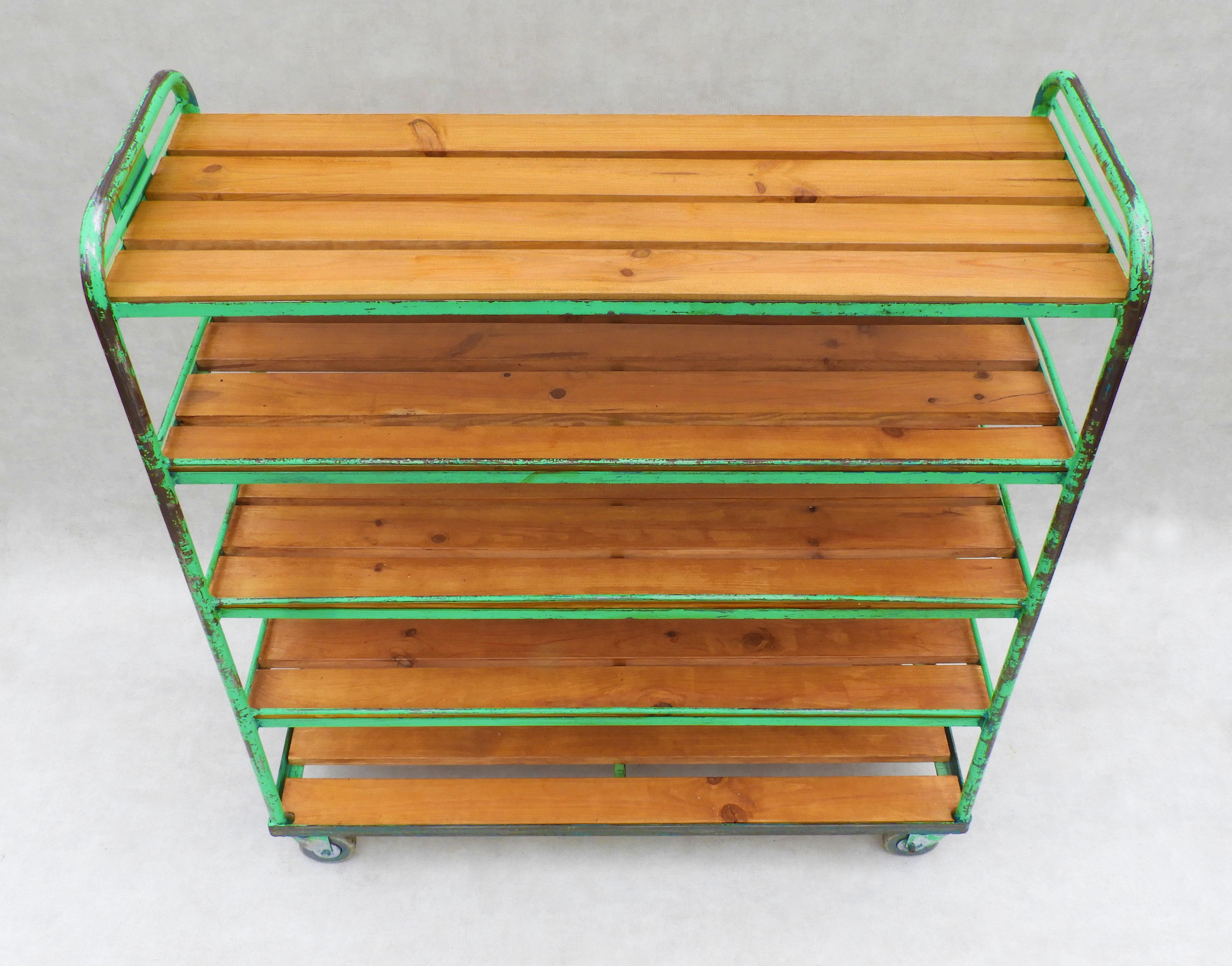 20th Century Vintage French Industrial Shelving Rack Rolling Bookcase Cart Factory Trolley  For Sale
