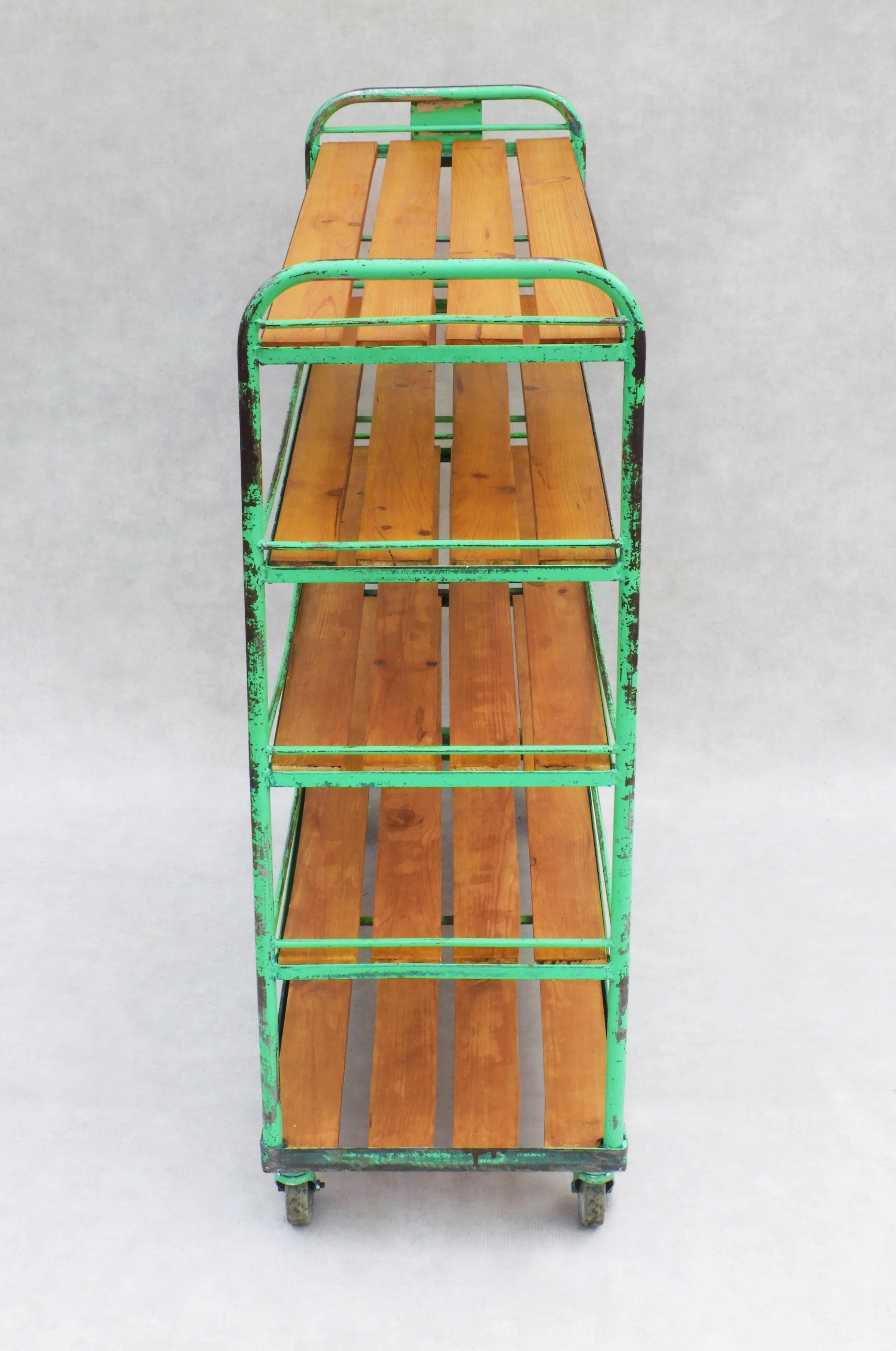 Vintage French Industrial Shelving Rack Rolling Bookcase Cart Factory Trolley  For Sale 1
