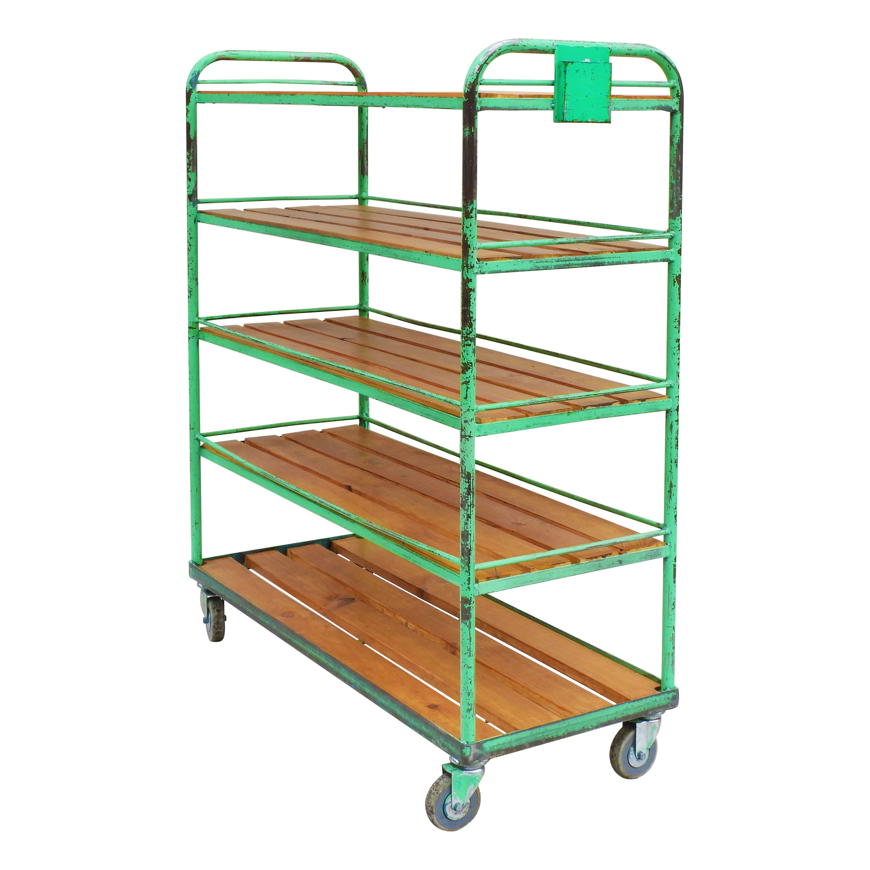 Vintage French Industrial Shelving Rack Rolling Bookcase Cart Factory Trolley