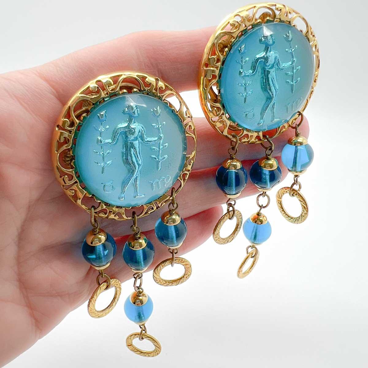 Vintage French Intaglio Turquoise Drop Earrings 1970s In Good Condition In Wilmslow, GB