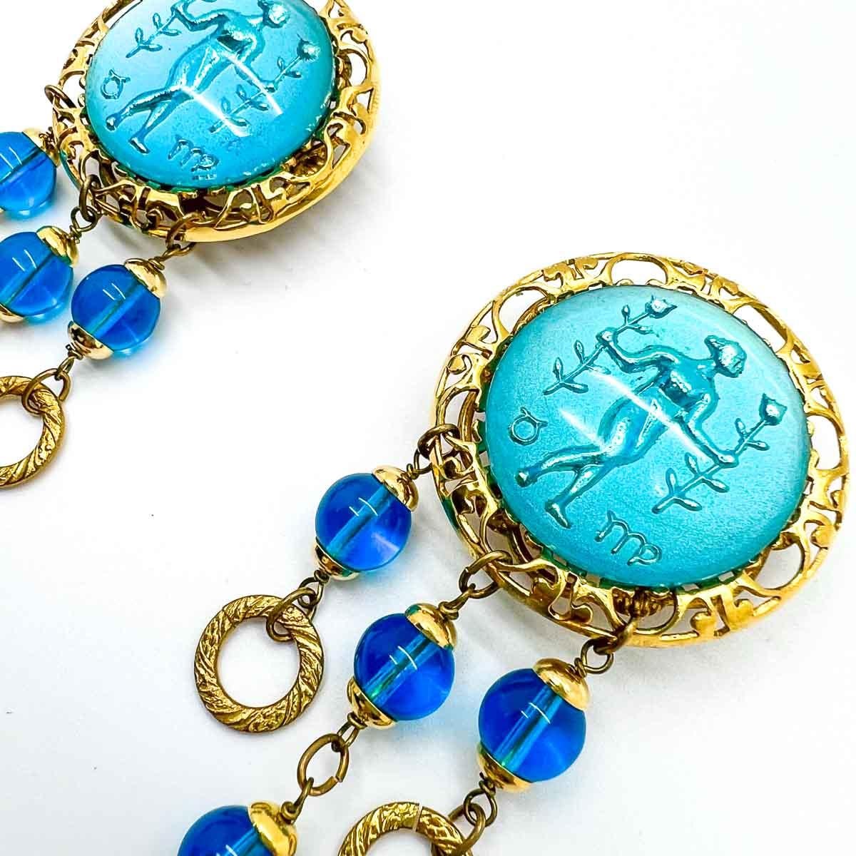 Women's or Men's Vintage French Intaglio Turquoise Drop Earrings 1970s