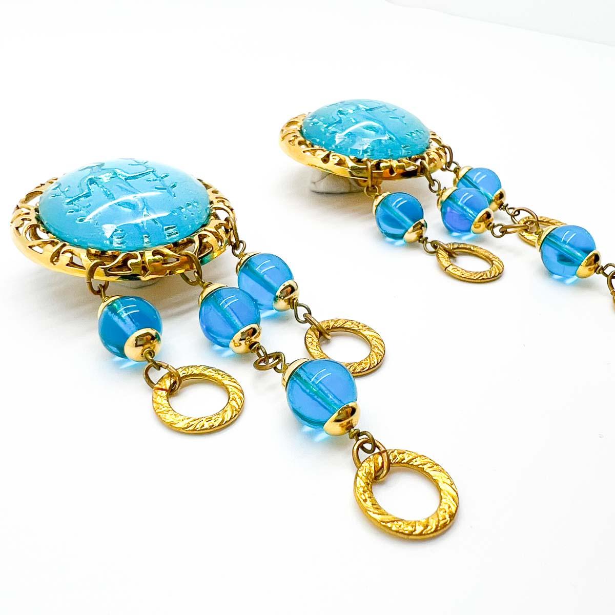 Vintage French Intaglio Turquoise Drop Earrings 1970s 1