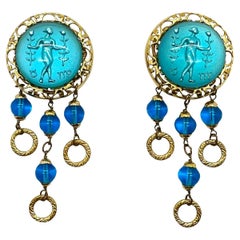 Vintage French Intaglio Turquoise Drop Earrings 1970s