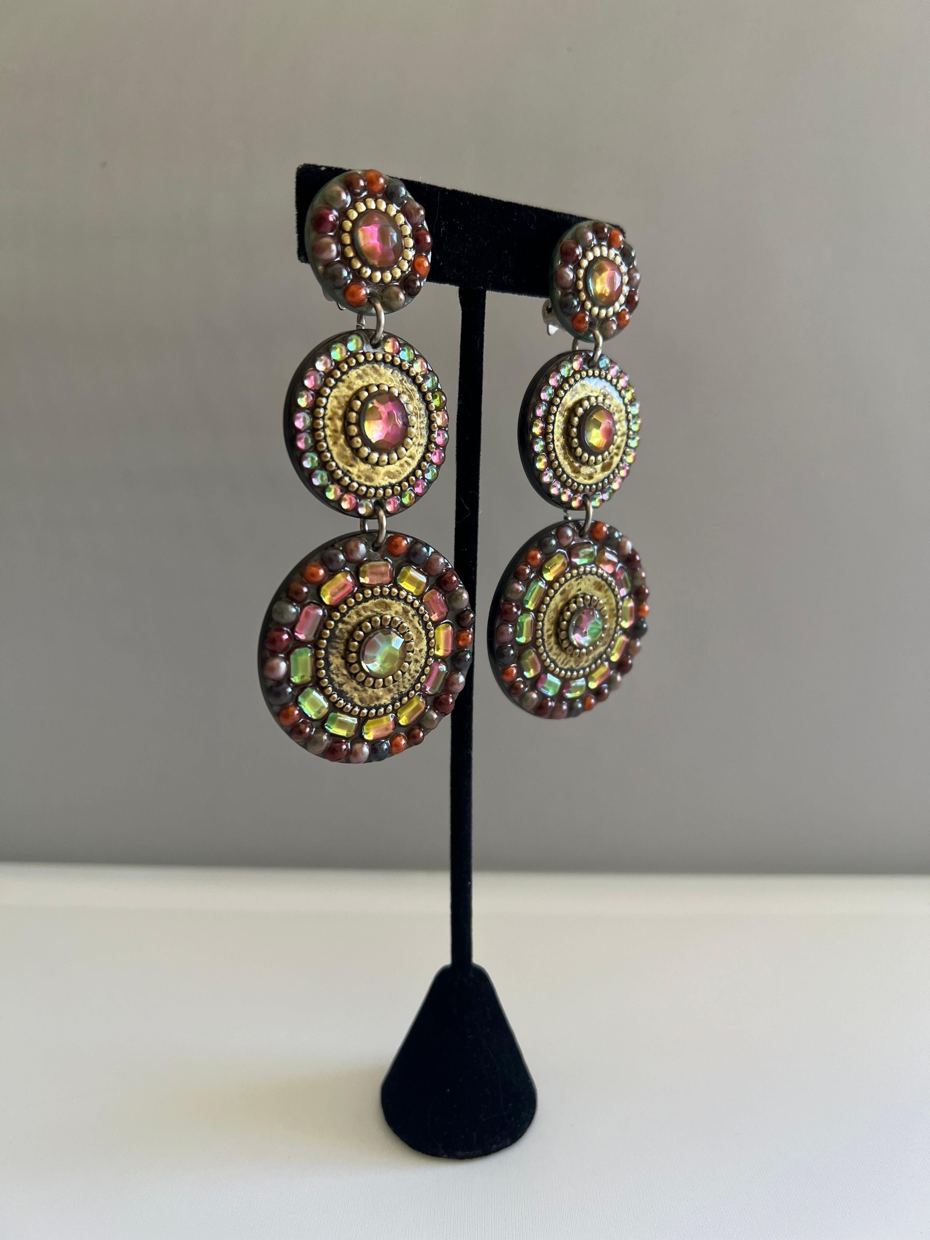 Artisan Vintage French Iridescent Jeweled Drop Earrings For Sale