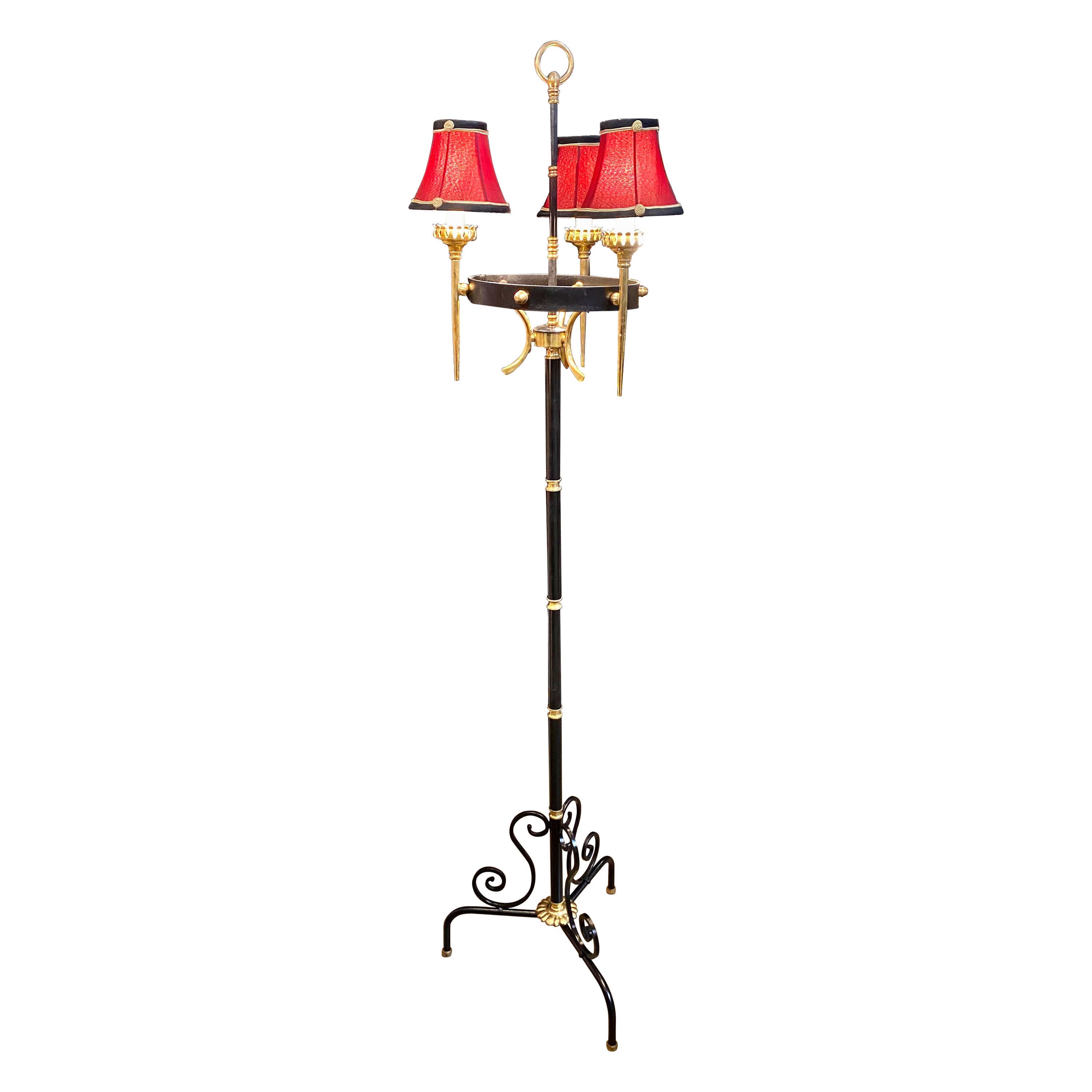 Vintage French Iron and Brass Torchiere Floor Lamp