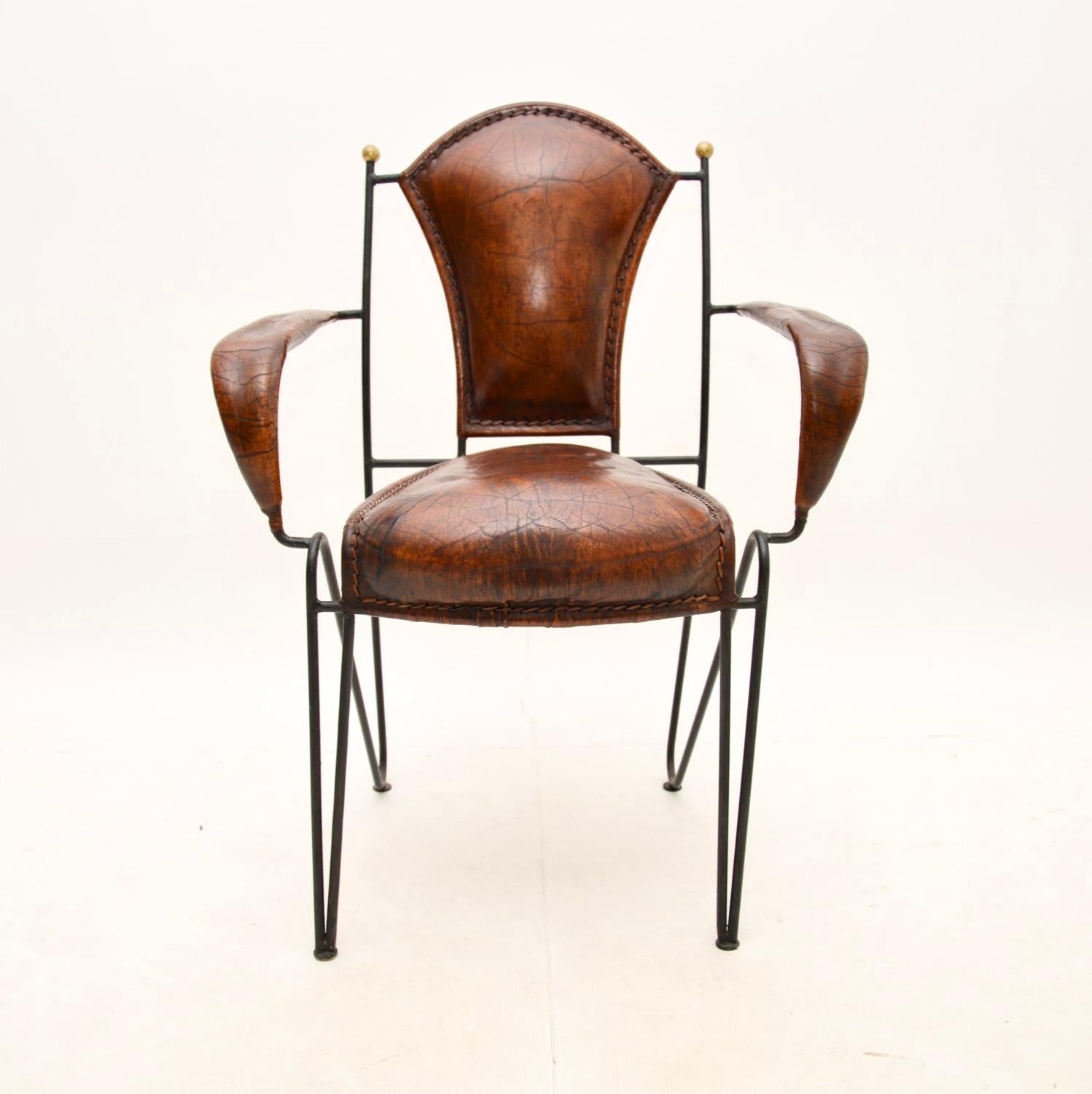 Mid-Century Modern Vintage French Iron and Leather Armchair