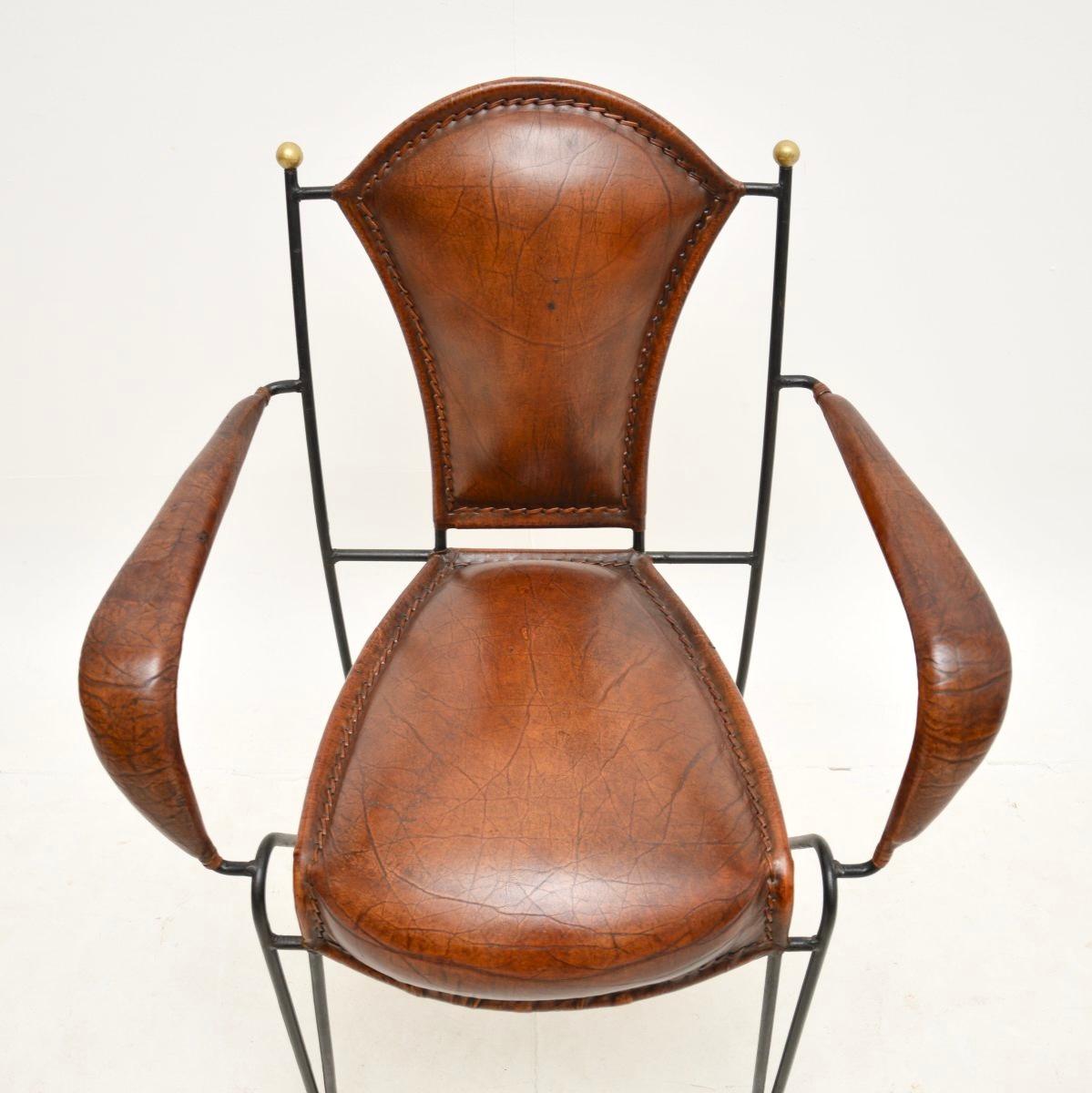 Mid-Century Modern Vintage French Iron and Leather Armchair For Sale