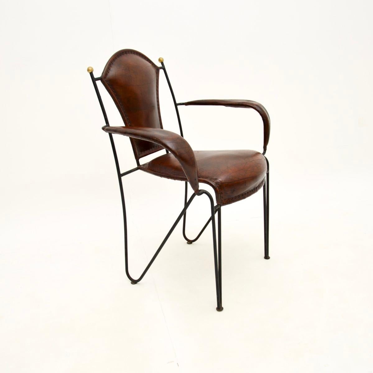 Mid-Century Modern Vintage French Iron and Leather Armchair For Sale