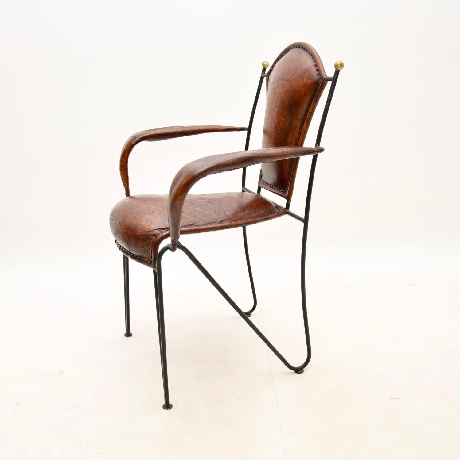 Mid-20th Century Vintage French Iron and Leather Armchair