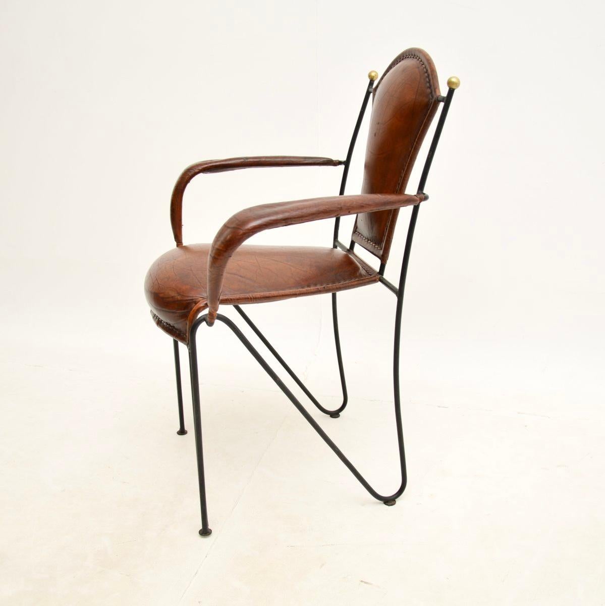 Mid-20th Century Vintage French Iron and Leather Armchair For Sale