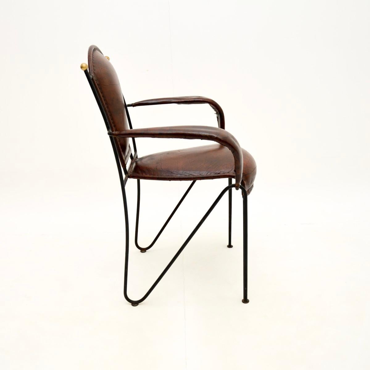 Mid-20th Century Vintage French Iron and Leather Armchair For Sale