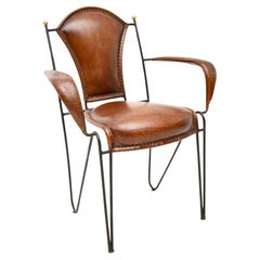 Used French Iron and Leather Armchair