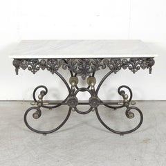 Mesa francesa vintage de hierro y mármol para pastelería o repostería