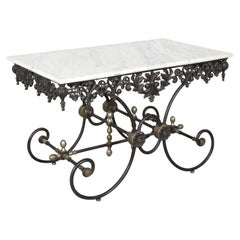Vieille table de patine ou de pâtisserie française en fer et marbre