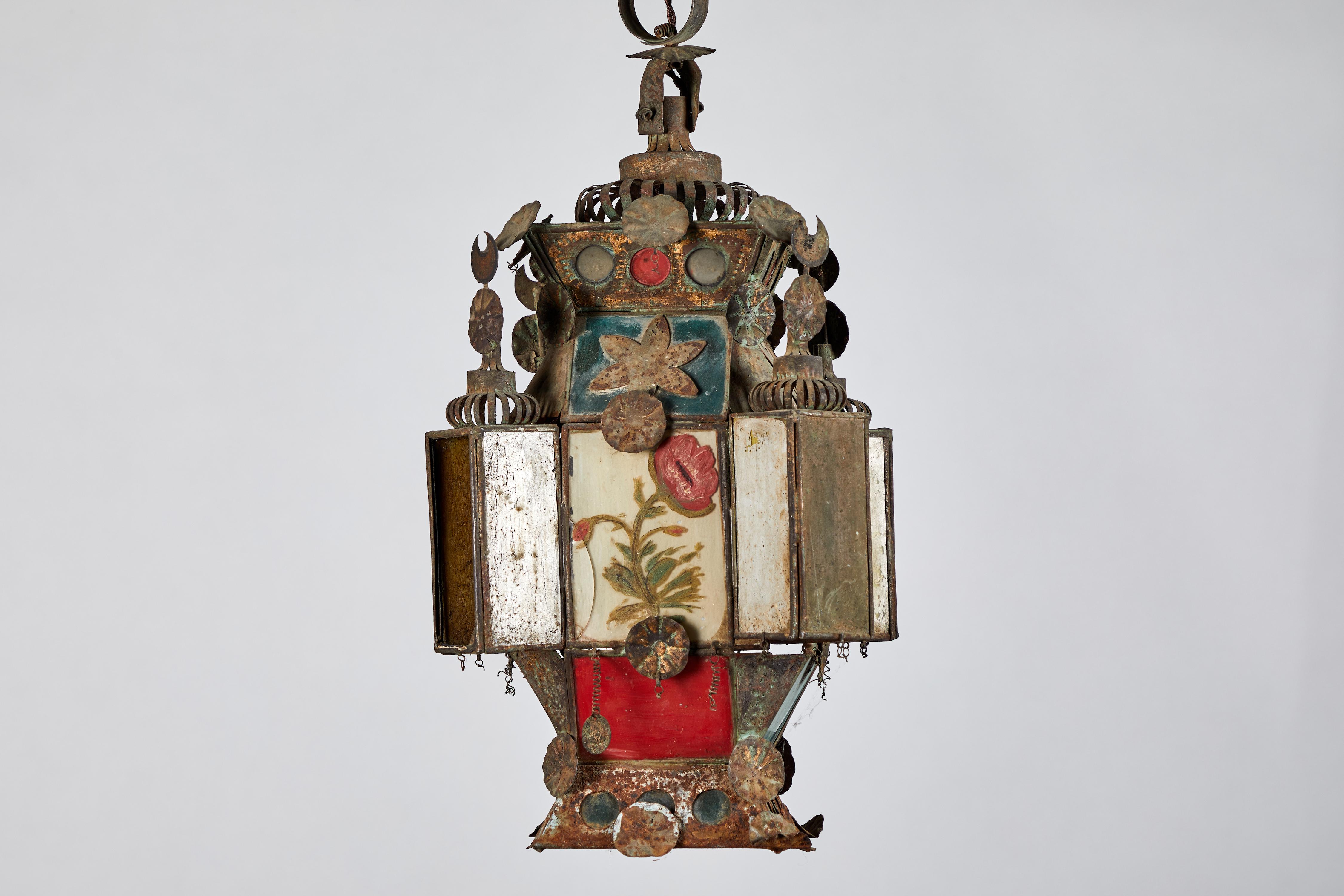 Vintage French Iron and Stained Glass Lantern In Fair Condition In Los Angeles, CA