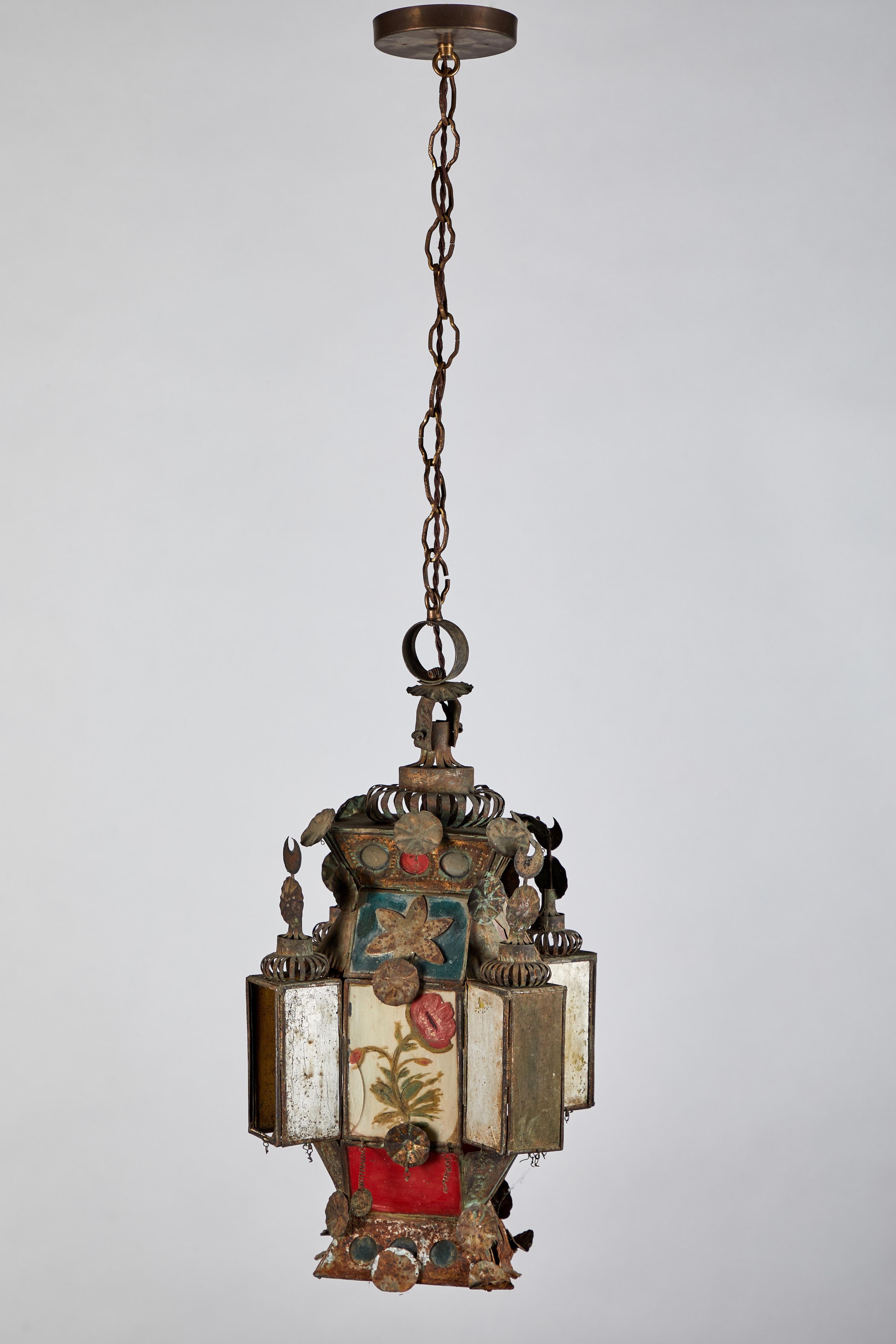 20th Century Vintage French Iron and Stained Glass Lantern