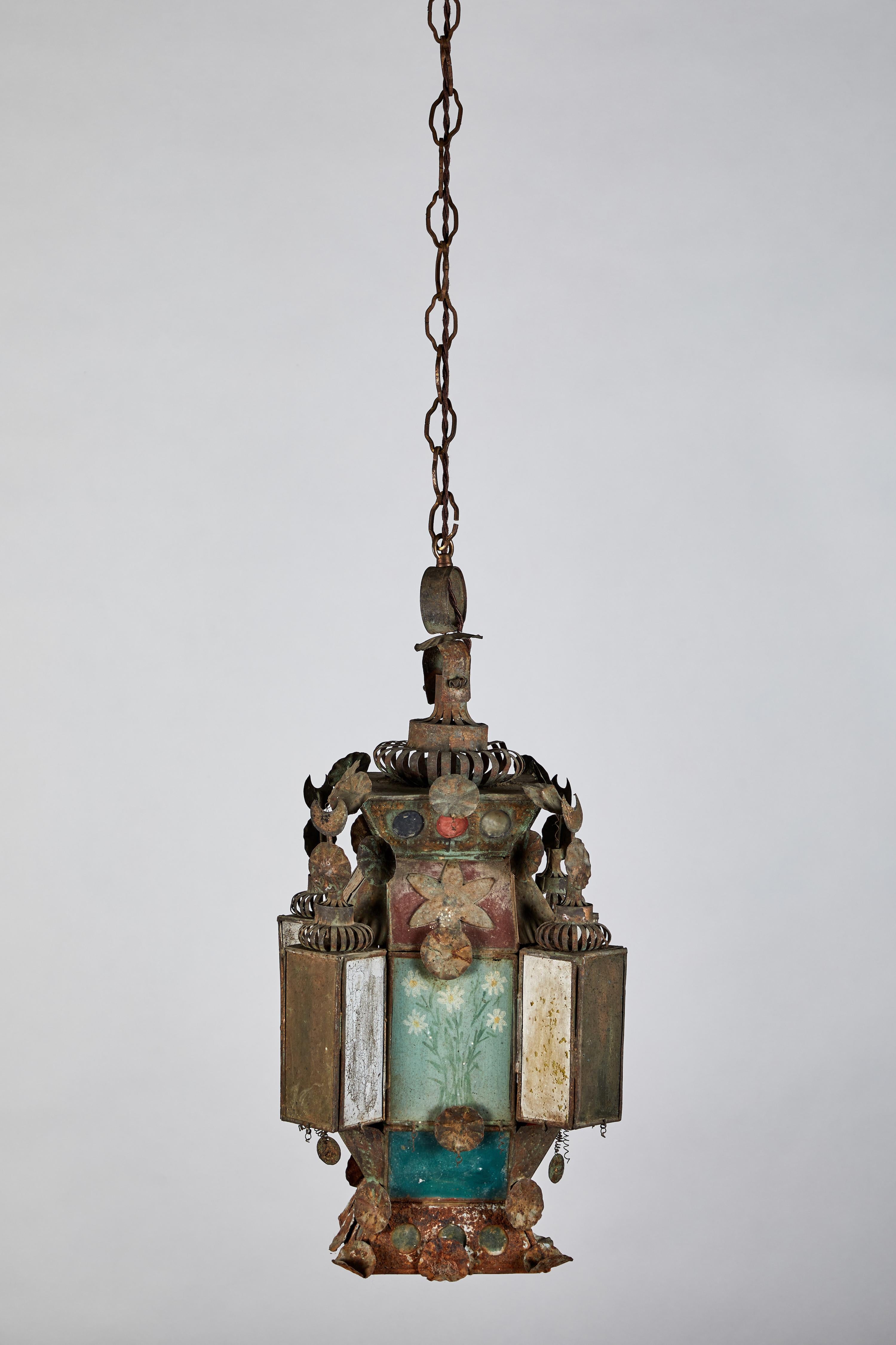 Vintage French Iron and Stained Glass Lantern 3