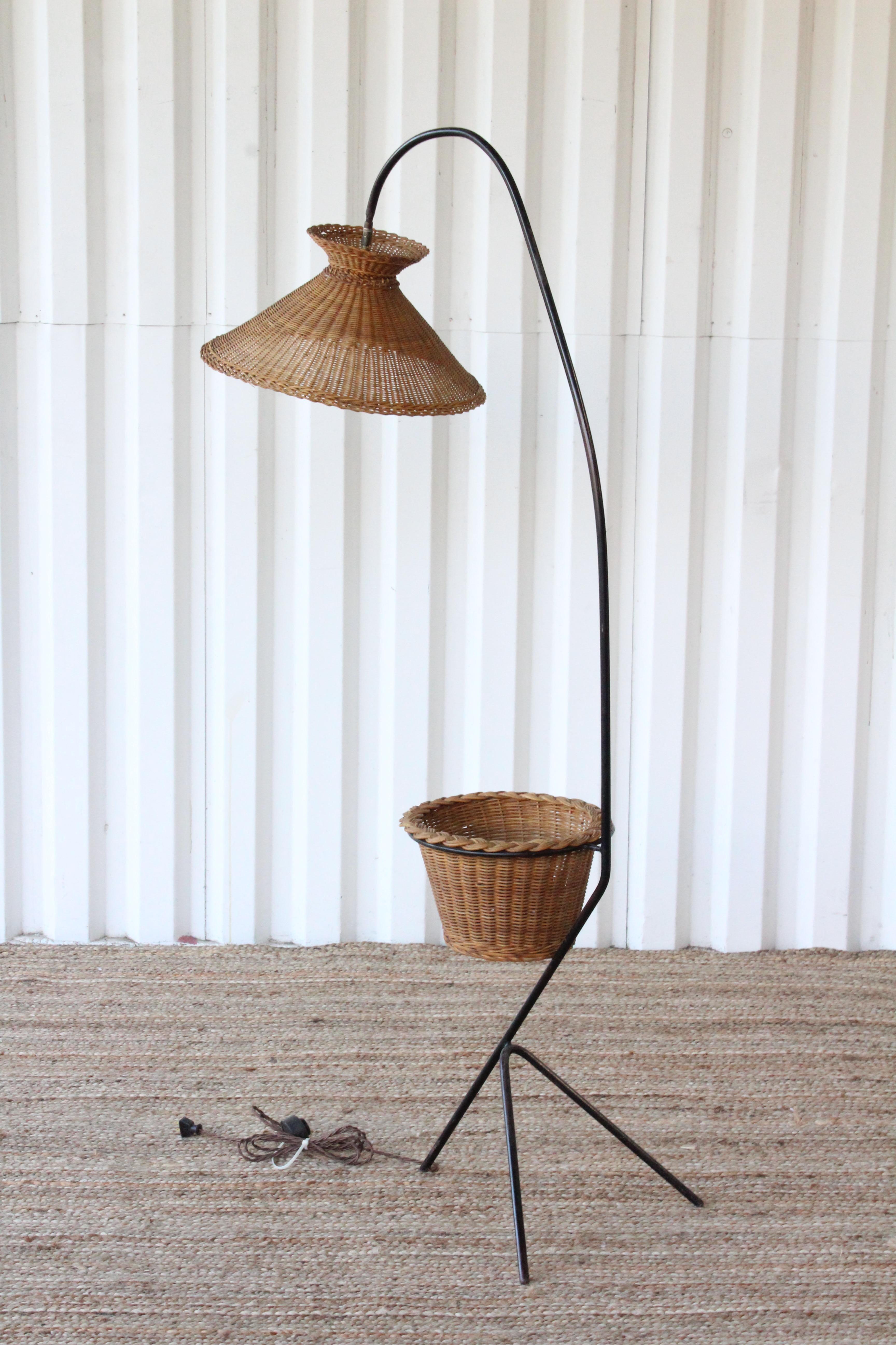 Mid-Century Modern Vintage French Iron and Wicker Floor Lamp, 1950s