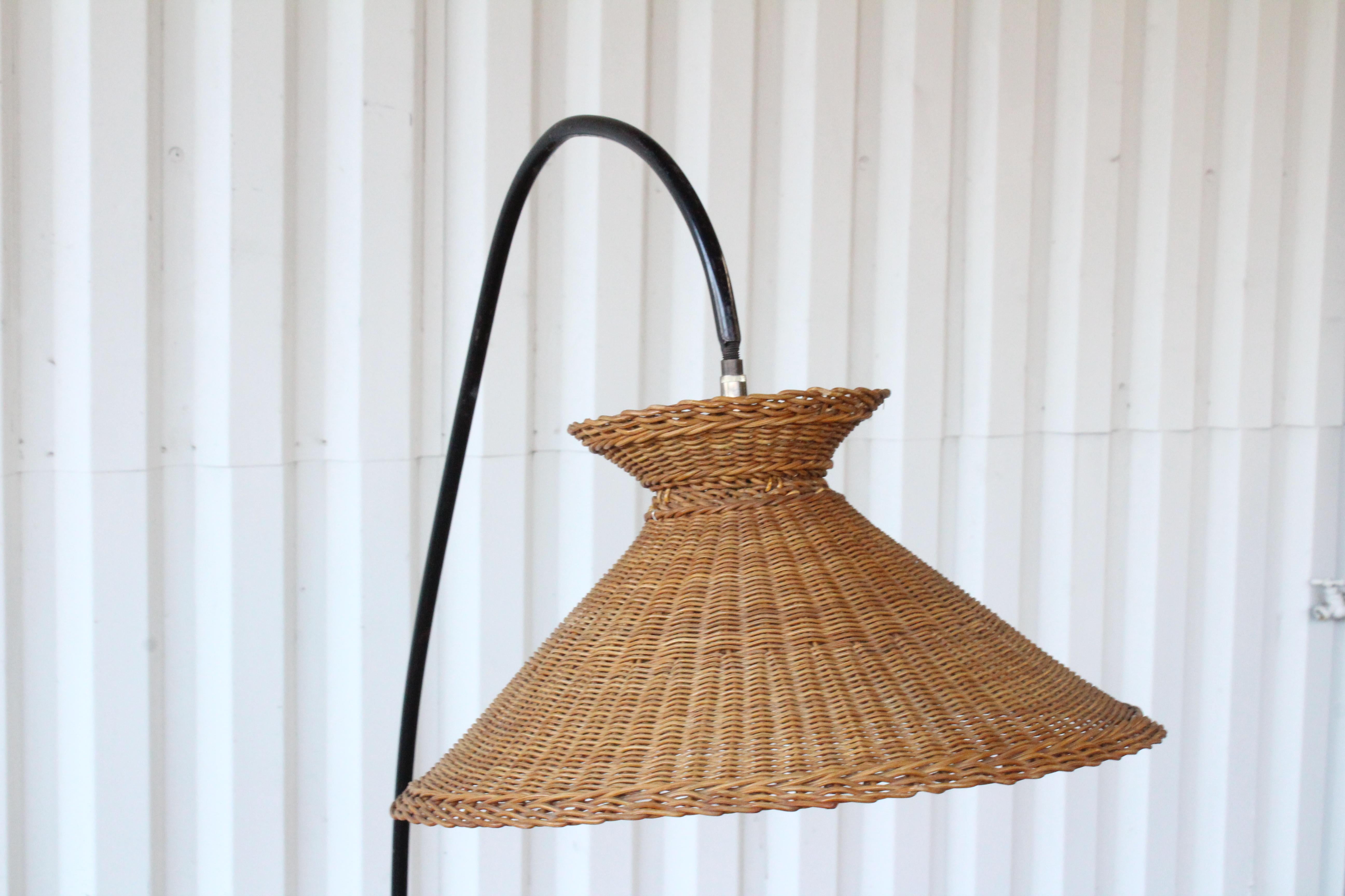 Vintage French Iron and Wicker Floor Lamp, 1950s In Good Condition In Los Angeles, CA