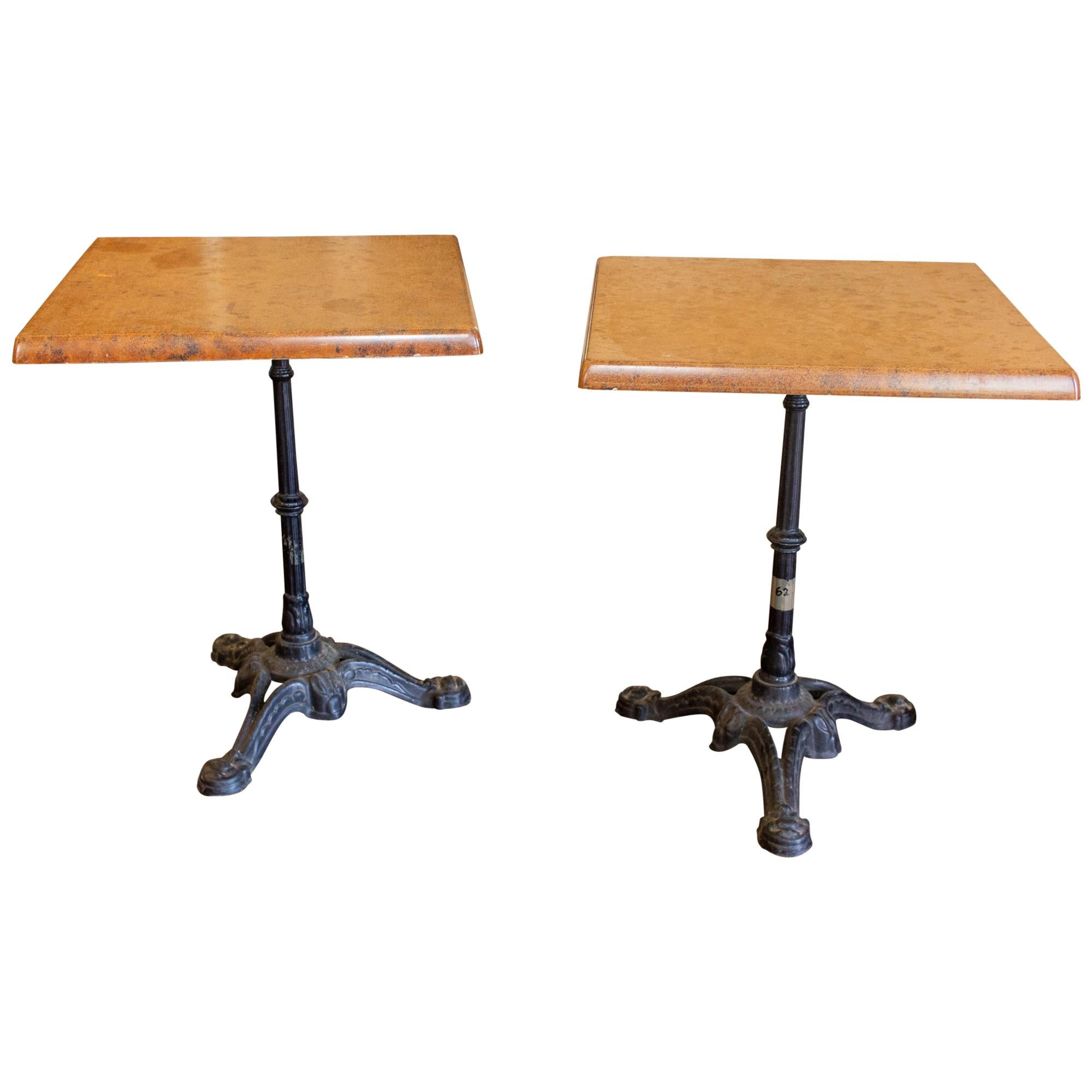 Vintage French Iron Base Bistro Tables with Square Fiberglass Faux "Stone" Top For Sale