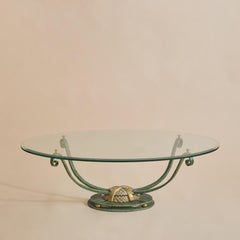 Vintage French Iron + Bronze Oval Glass Coffee Table