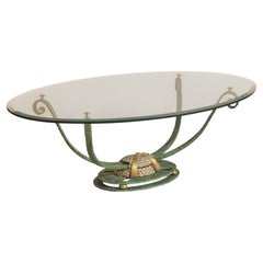 Vintage French Iron + Bronze Oval Glass Coffee Table