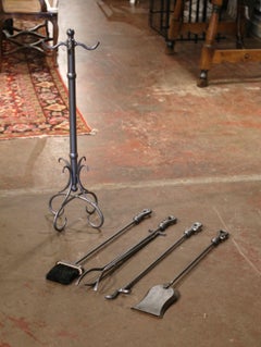 Vintage French Iron Fireplace Four-Piece Tool Set on Stand with Pewter Finish