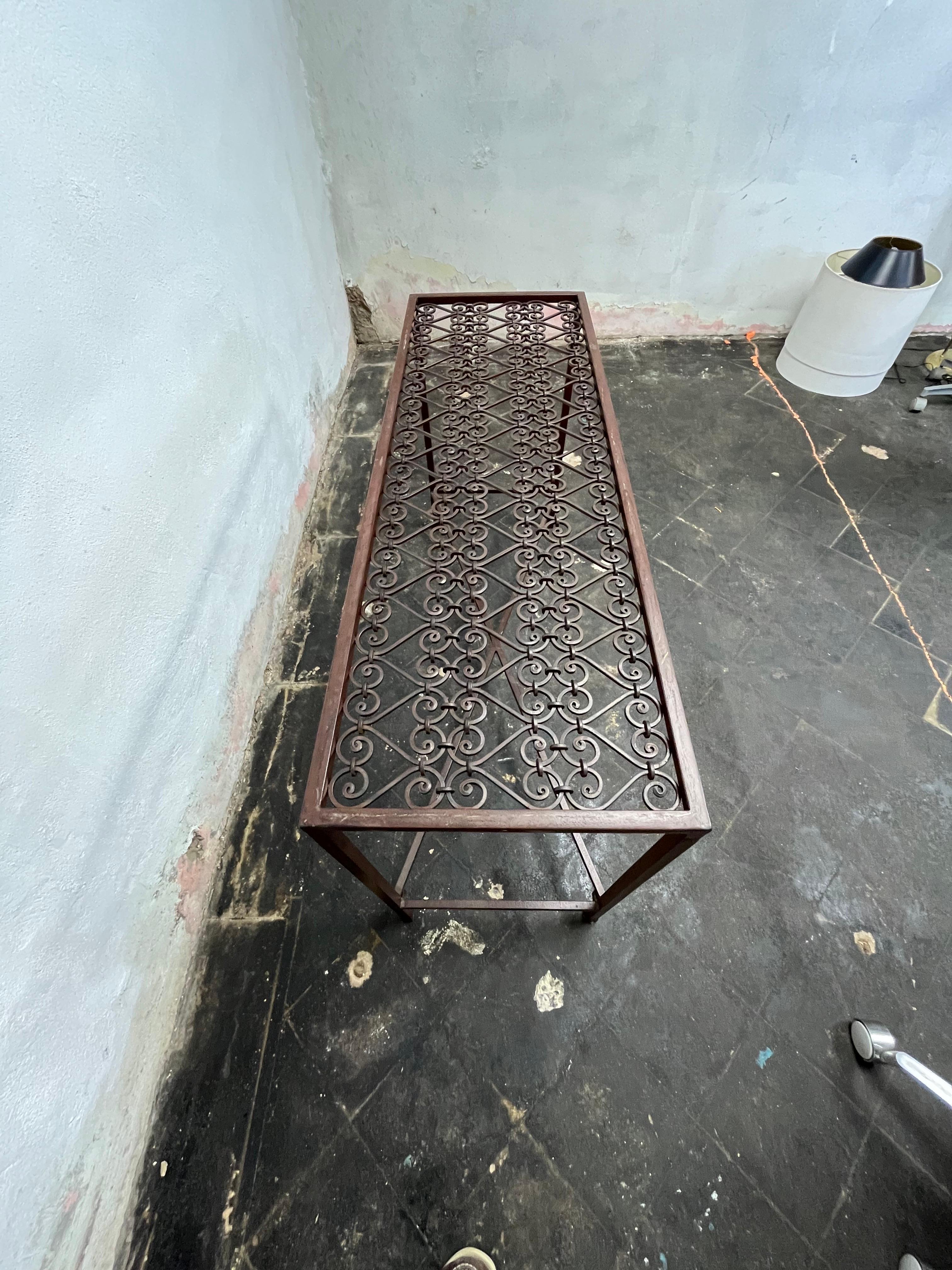 French Provincial Vintage French Iron Gate Console Table Glass Top For Sale