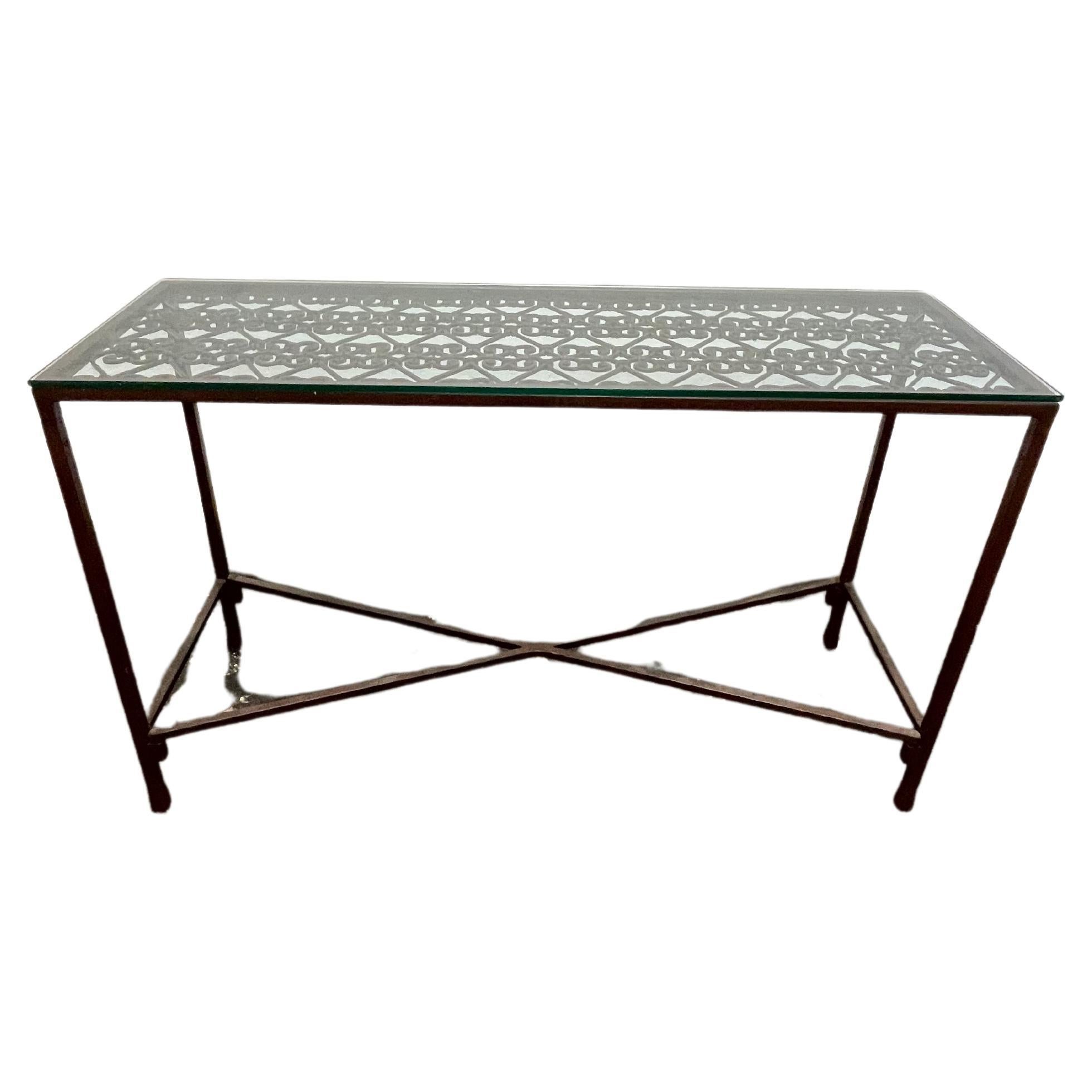 Vintage French Iron Gate Console Table Glass Top For Sale