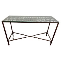 Vintage French Iron Gate Console Table Glass Top