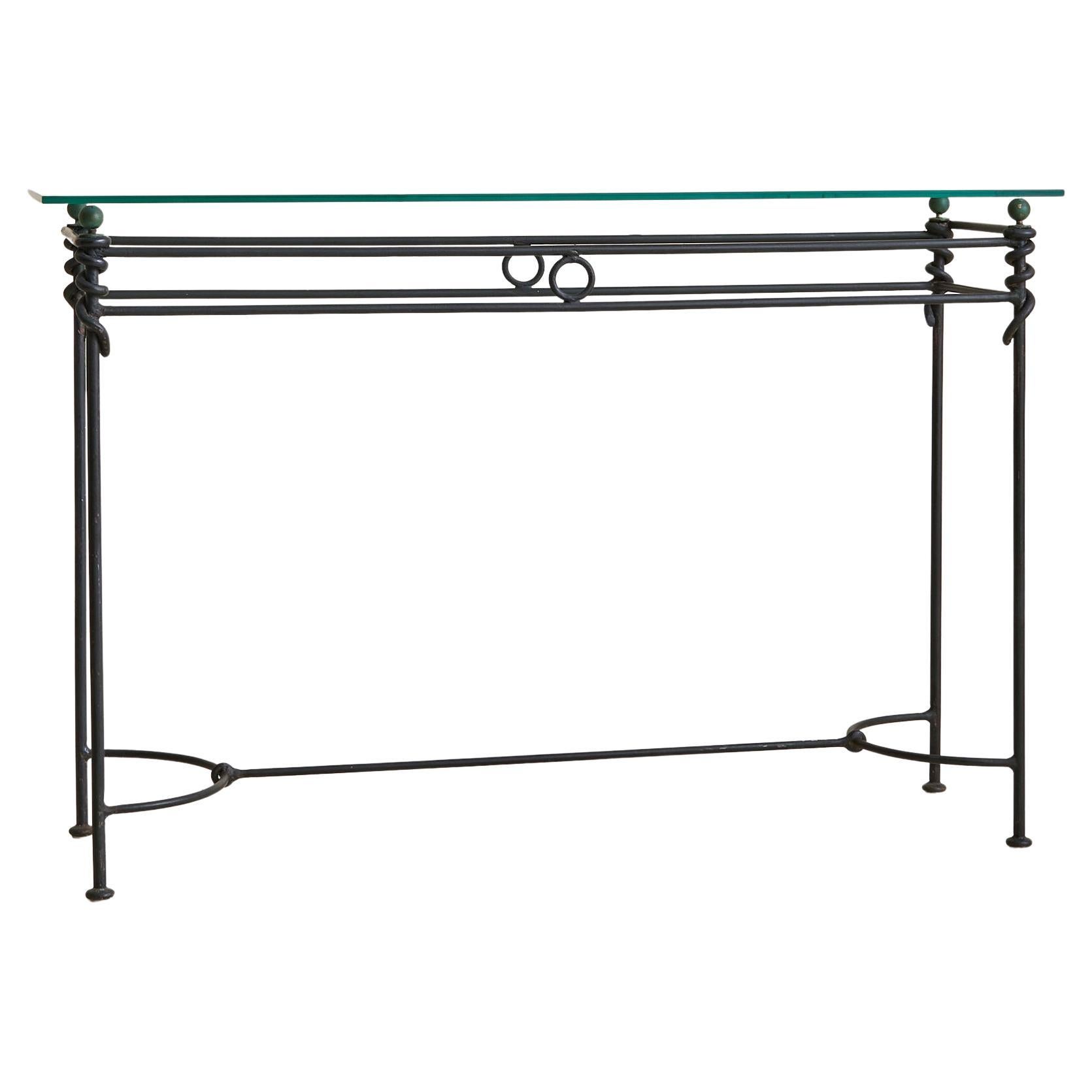 Vintage French Iron + Glass Console Table Attributed to Jacques Ducru