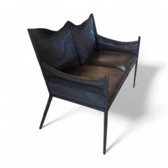 Vintage French Iron & Leather Settee