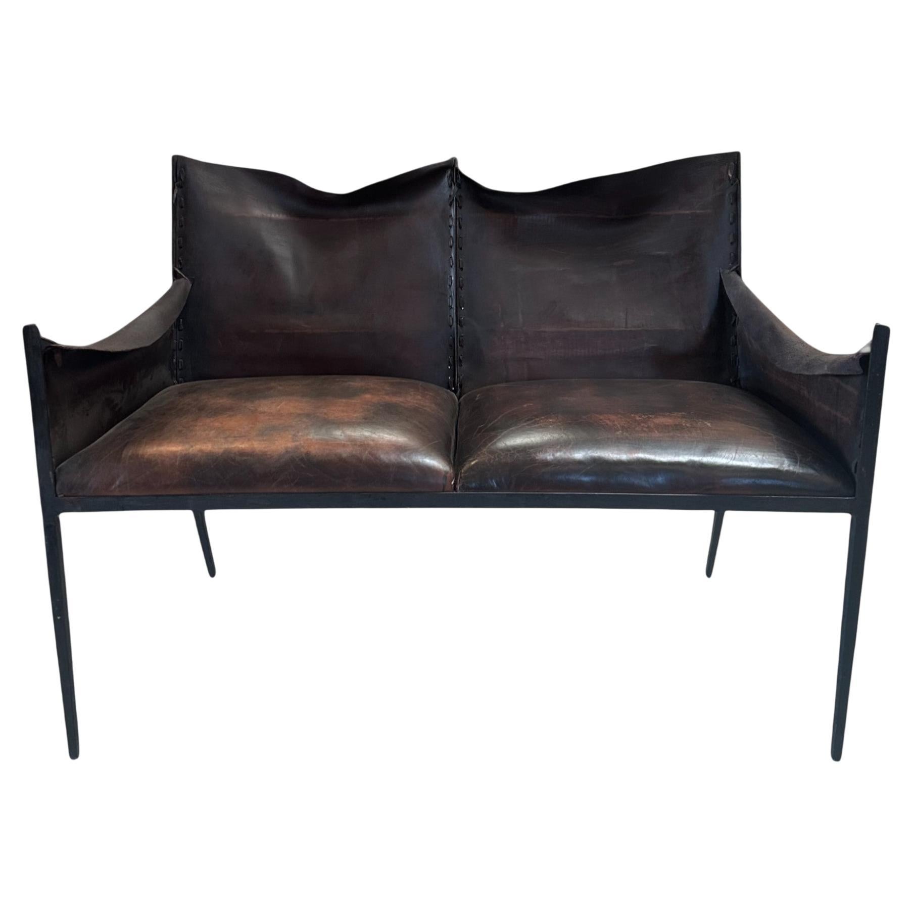 Vintage Französisch Eisen & Leder Sofa