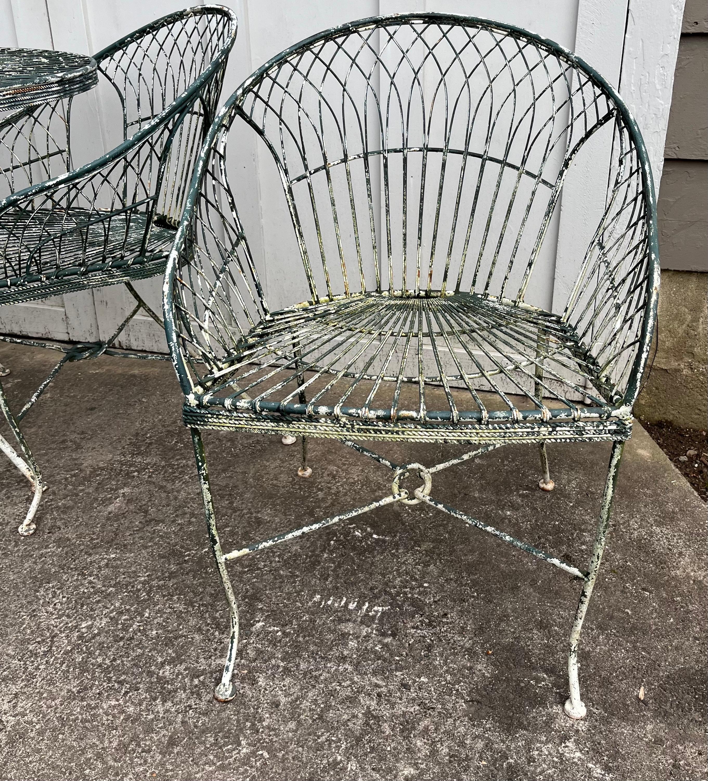 Mid-Century Modern Vintage French Iron Patio Table & 4 Arm Chairs For Sale