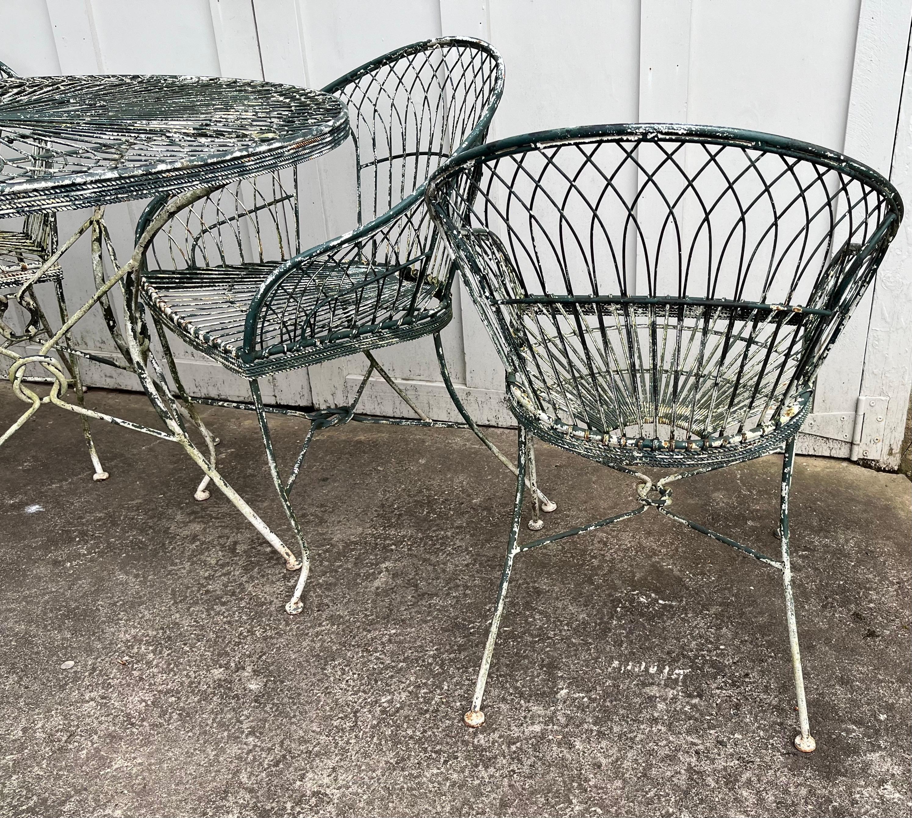 Vintage French Iron Patio Table & 4 Arm Chairs For Sale 2