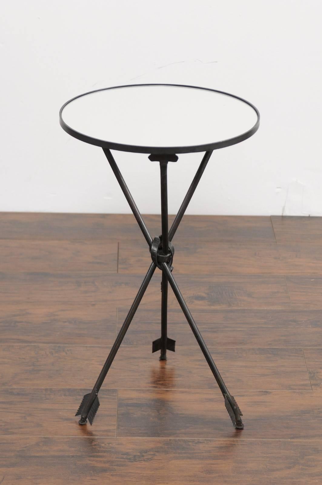 Vintage French Iron Round Side Table, circa 1930 with Arrow Legs and Mirror Top 2