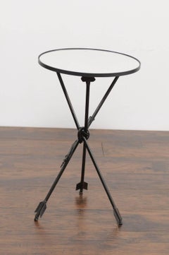 Vintage French Iron Round Side Table, circa 1930 with Arrow Legs and Mirror Top