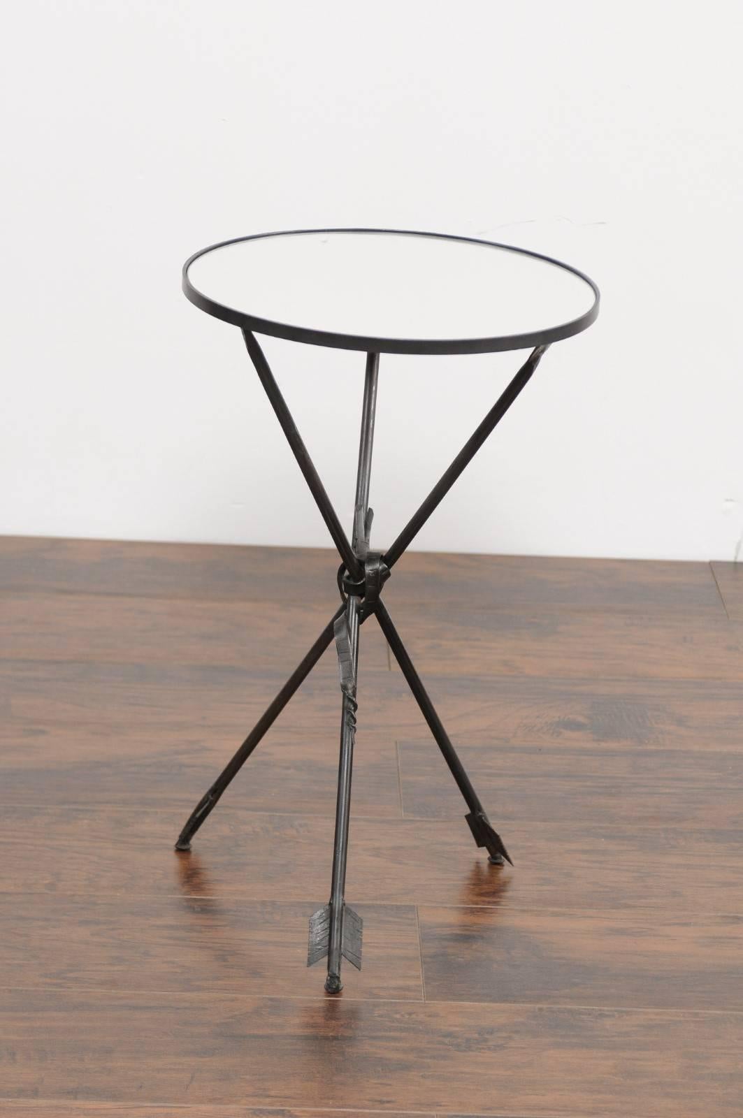 Mid-Century Modern Vintage French Iron Round Side Table, circa 1930 with Arrow Legs and Mirror Top