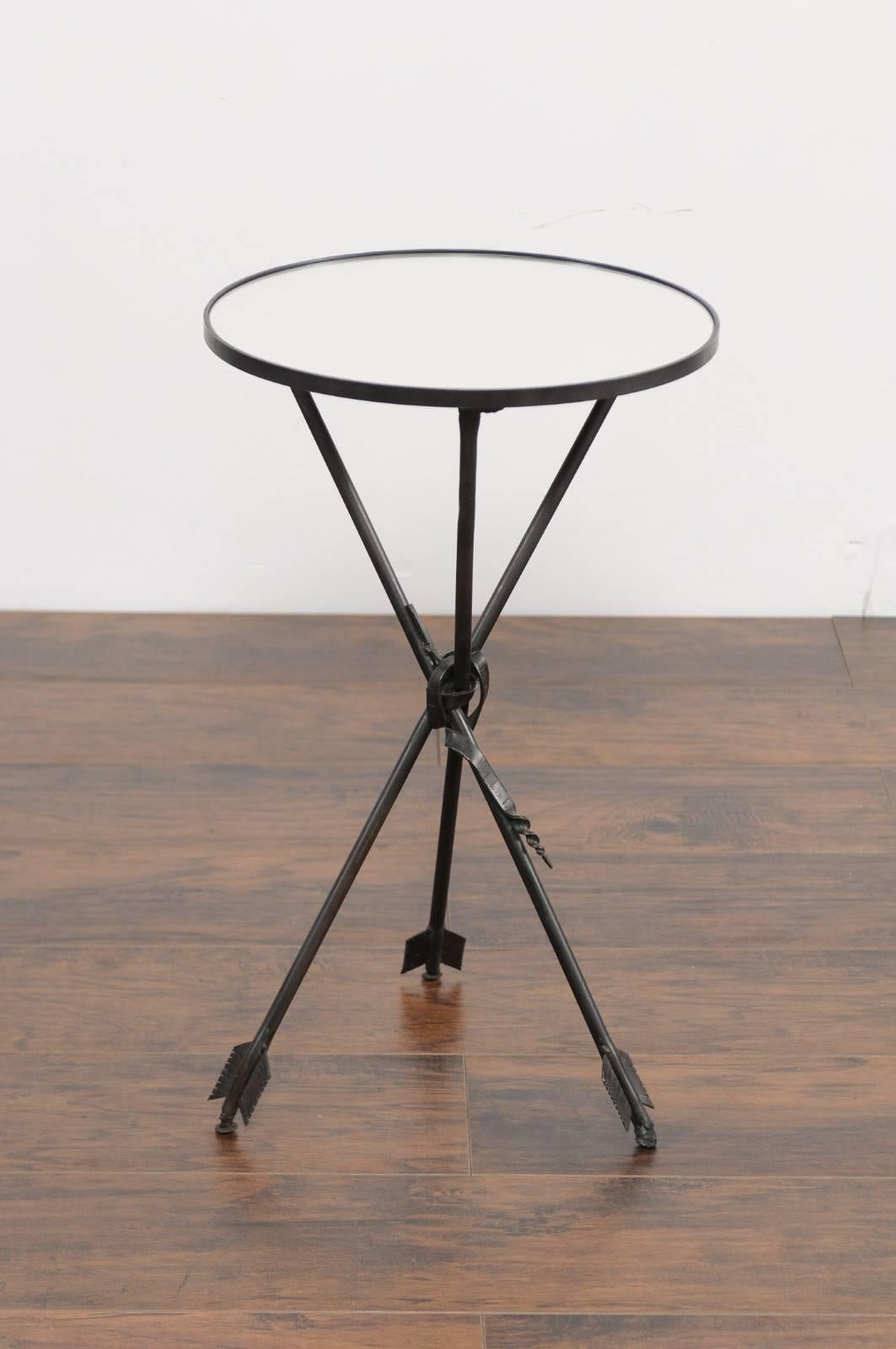 Vintage French Iron Round Side Table, circa 1930 with Arrow Legs and Mirror Top In Good Condition In Atlanta, GA