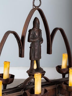 Vintage French Iron Wood Chandelier Gothic Medieval Knight Figure, circa 1920