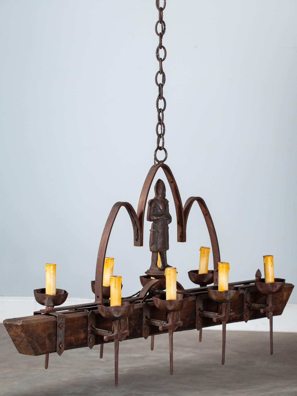 Cast Vintage French Iron Wood Chandelier Gothic Medieval Knight Figure, circa 1920 For Sale
