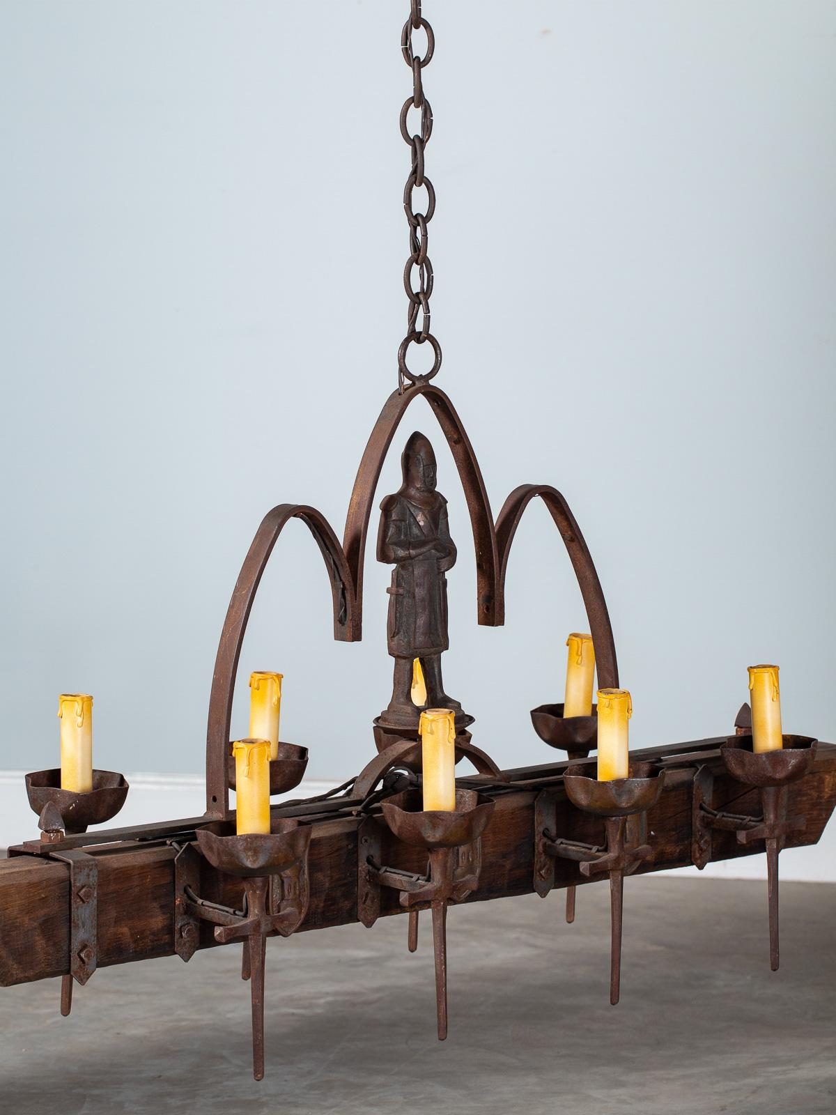 20th Century Vintage French Iron Wood Chandelier Gothic Medieval Knight Figure, circa 1920 For Sale