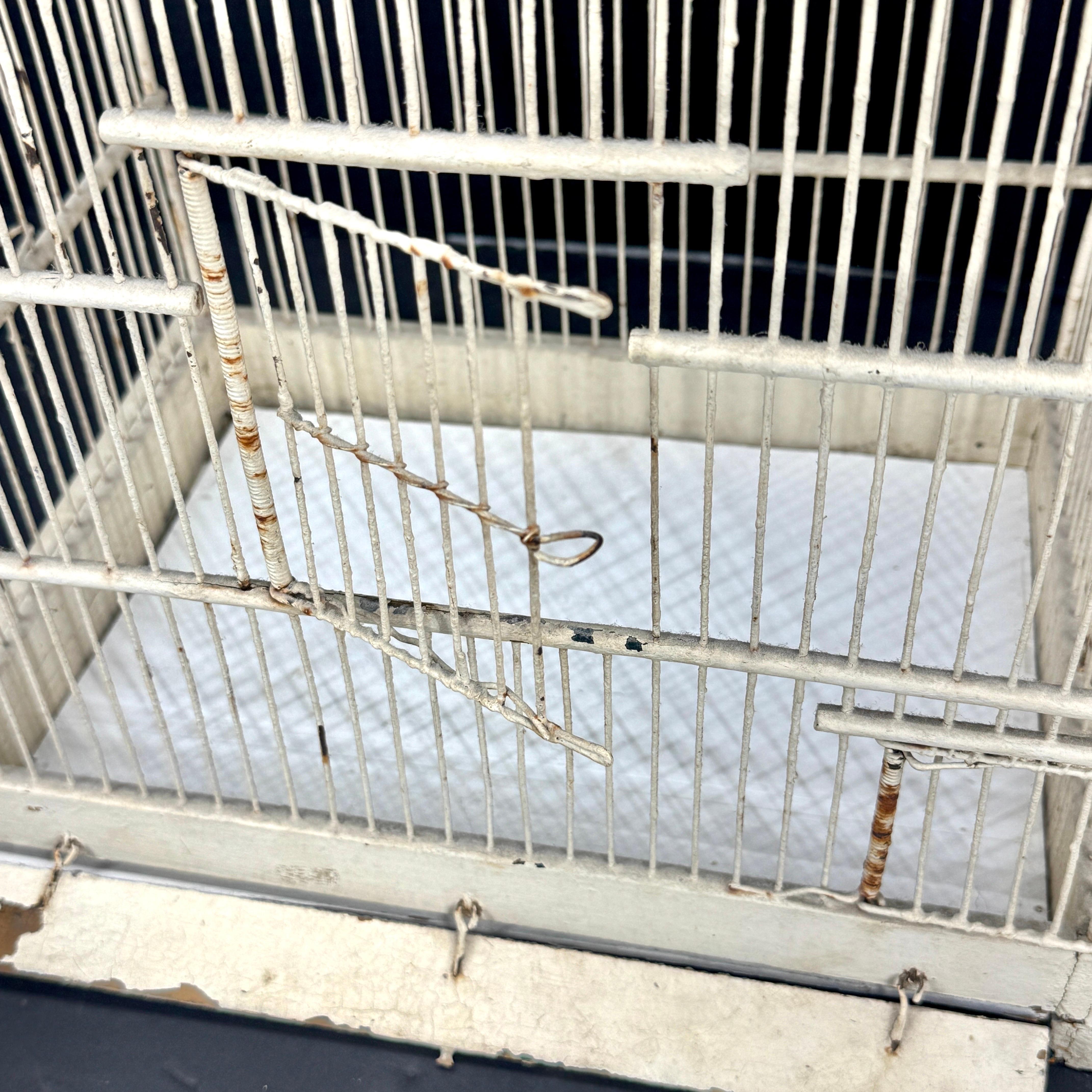 French Provincial Vintage French Iron Wood Painted Birdcage For Sale