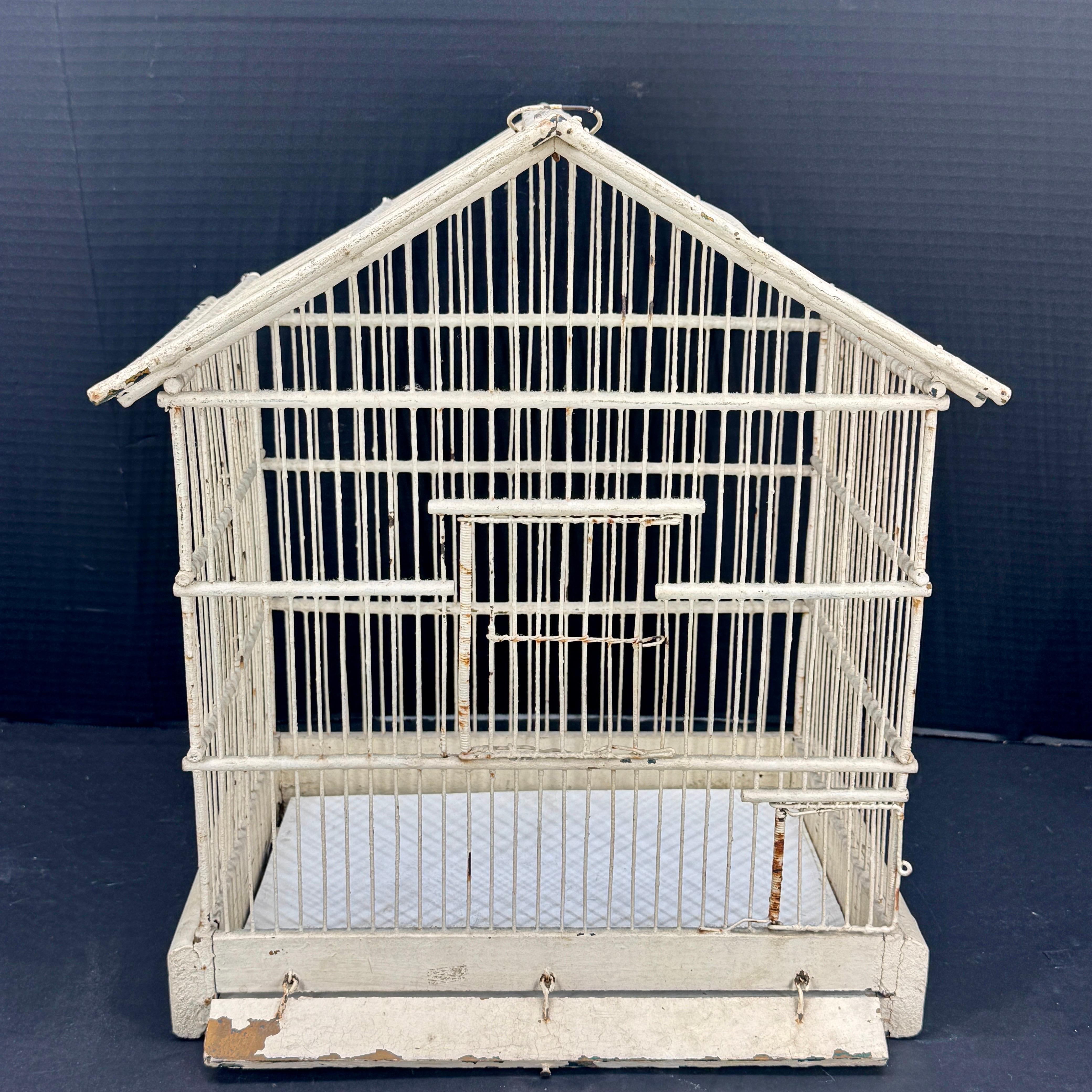 Hand-Crafted Vintage French Iron Wood Painted Birdcage For Sale